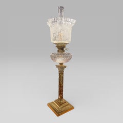 Victorian Duplex Etched Glass Tulip Shade Oil Lamp With Brass Column