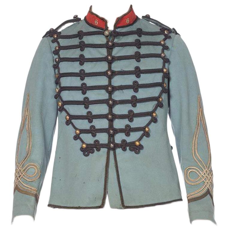 Victorian Dusty Blue Wool Authentic 1870S French Military Jacket With Silver Bu For Sale