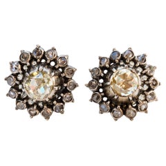 Boucles d'oreilles hollandaises victoriennes en or 14 carats et argent grappe de diamants