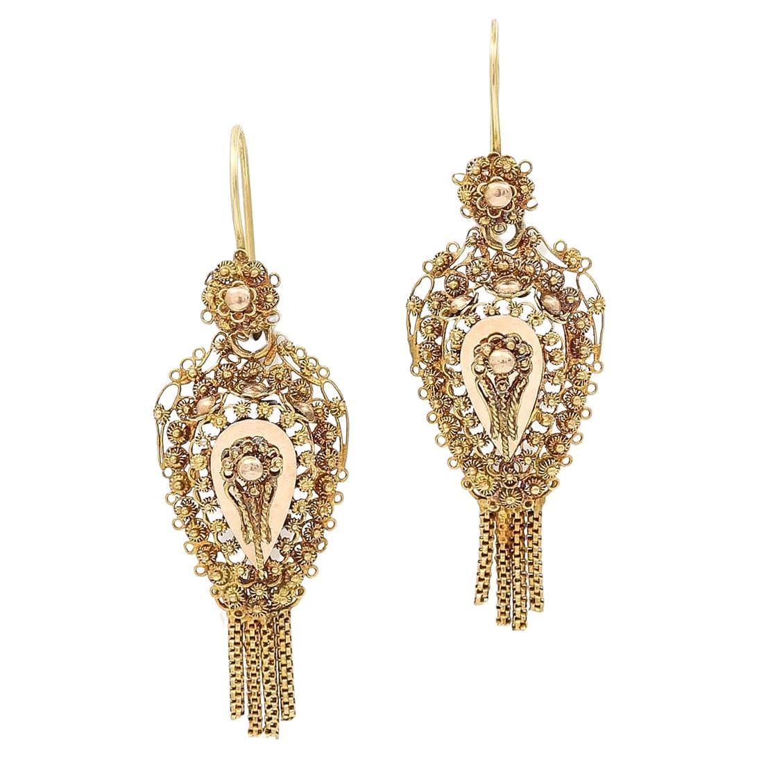 Victorian Dutch 14 Carat Gold Tassel Drop Earrings, circa 1850 For Sale