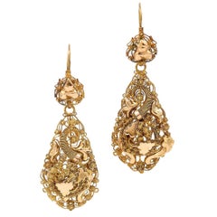 Victorian Dutch 18 Carat Gold Etruscan Floral Drop Earrings, circa 1870