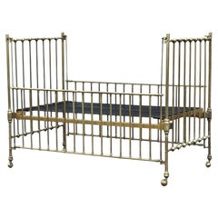 Antique Victorian Early 20th Century Brass & Iron Daybed Crib on Casters