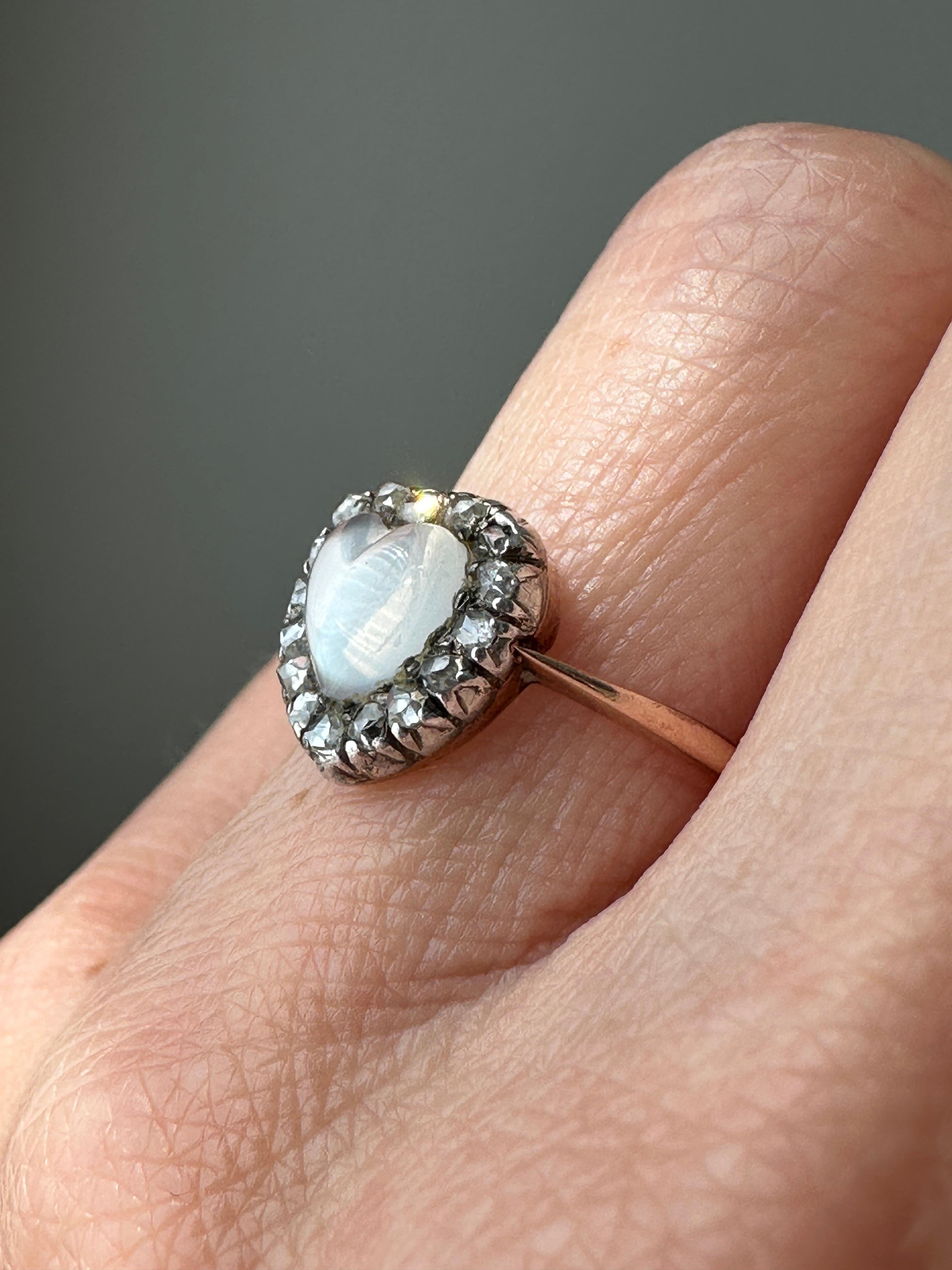 Rose Cut Victorian / Early  Edwardian Moonstone and Diamond Heart Ring For Sale