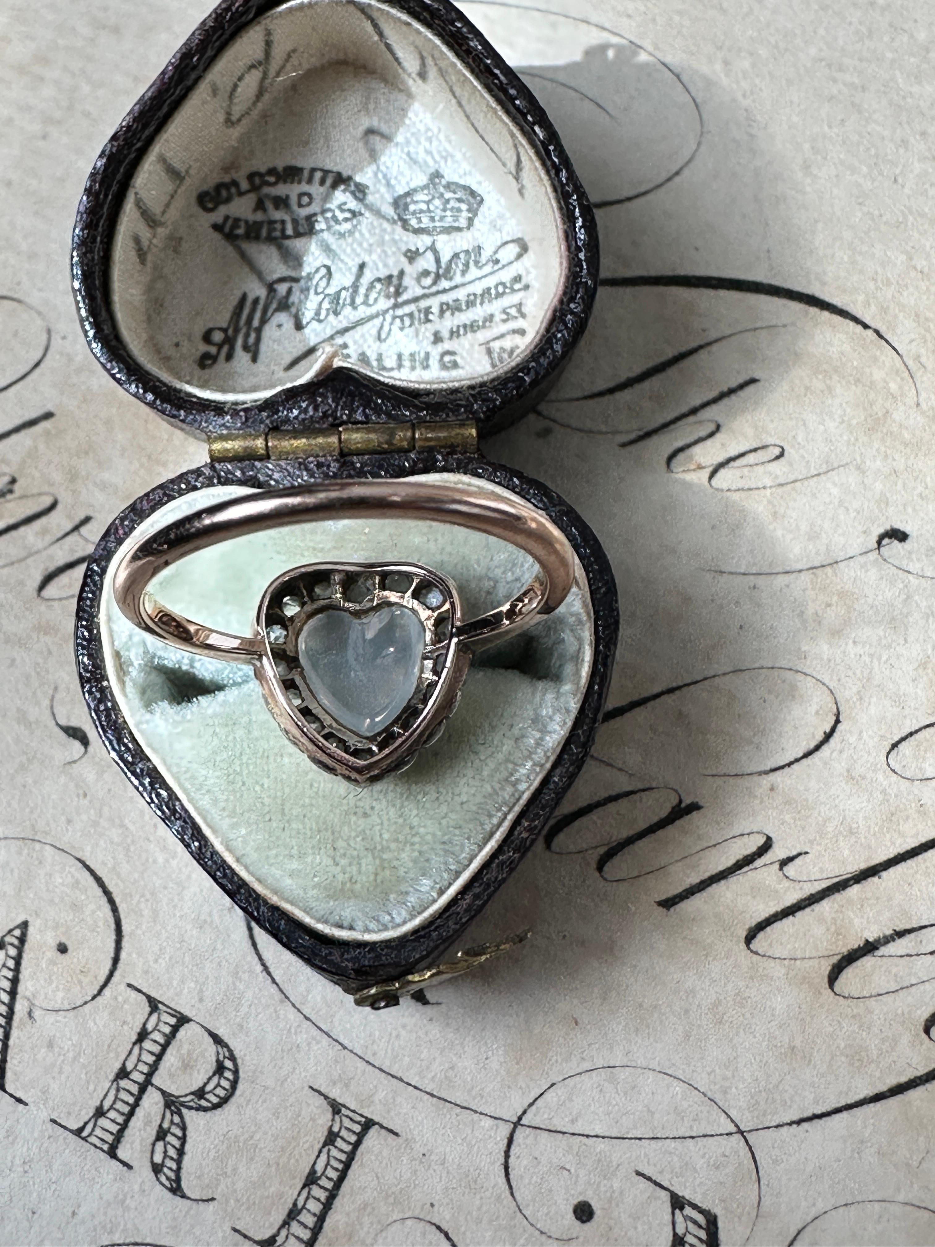 Victorian / Early  Edwardian Moonstone and Diamond Heart Ring In Good Condition For Sale In Hummelstown, PA