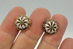 Victorian Earrings Emerald 16 Old Mine Cut Diamonds Blue Enamel 14 Karat Gold