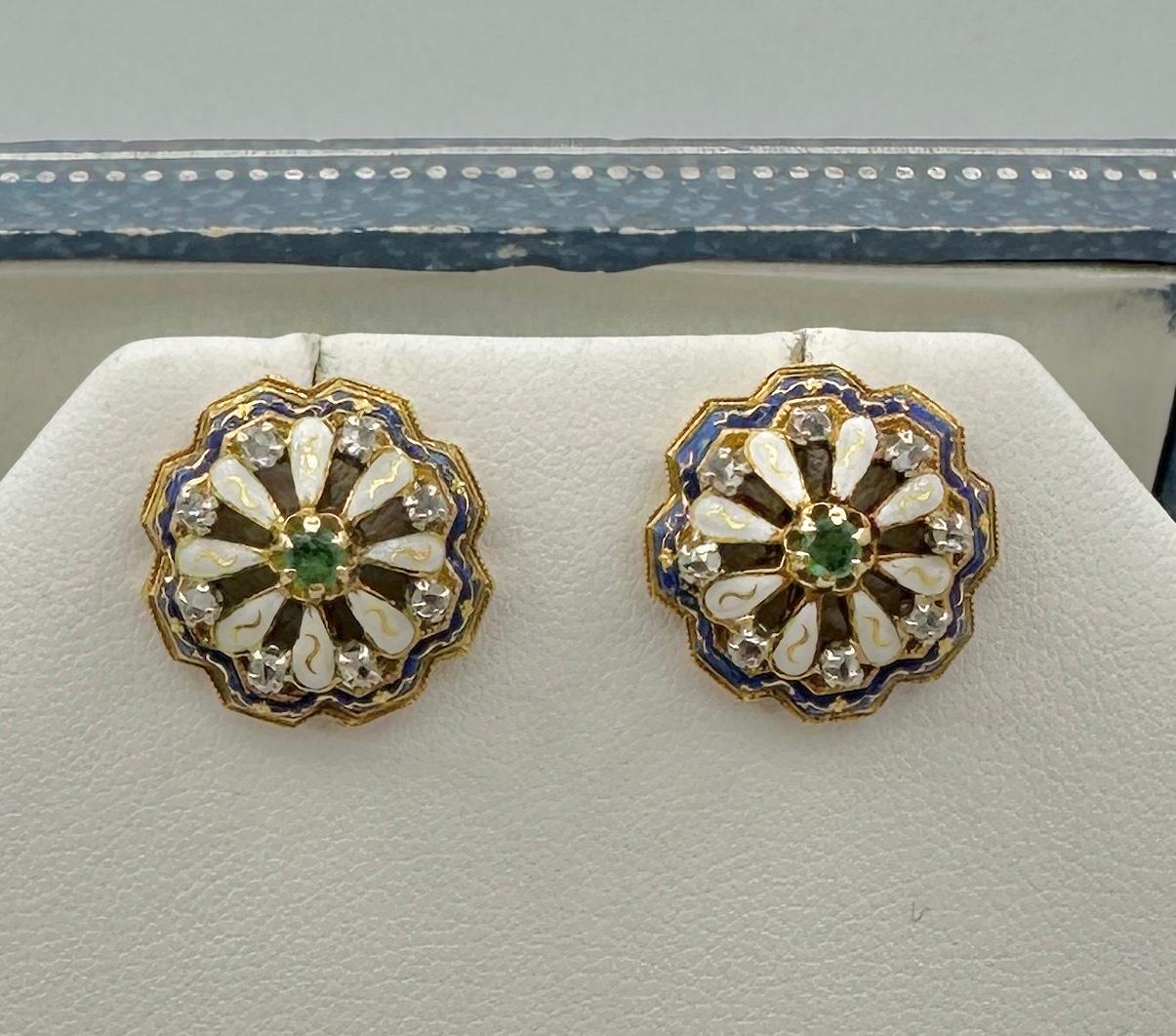 Victorian Earrings Emerald 16 Old Mine Cut Diamonds Blue Enamel 14 Karat Gold In Excellent Condition For Sale In New York, NY