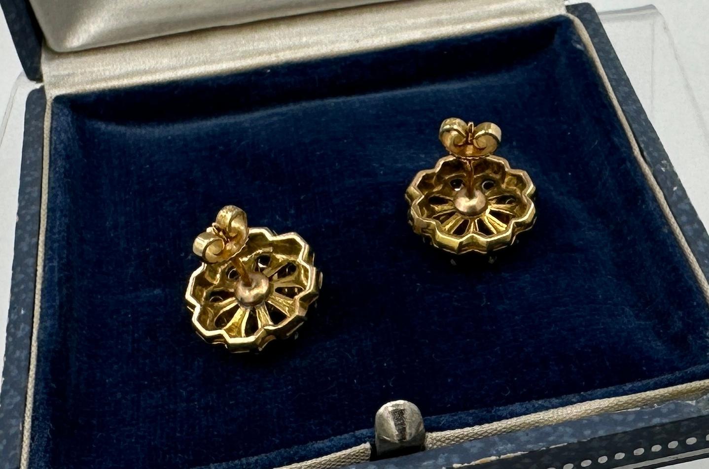 Victorian Earrings Emerald 16 Old Mine Cut Diamonds Blue Enamel 14 Karat Gold For Sale 1