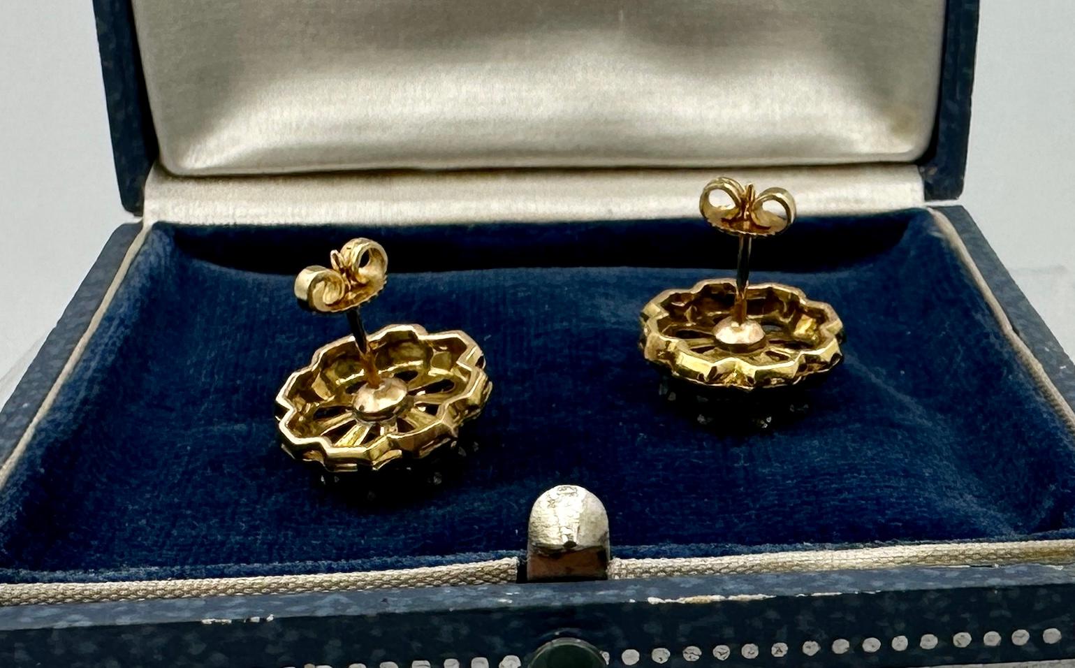 Viktorianische Ohrringe aus 14 Karat Gold mit Smaragd und 16 Diamanten im alten Minenschliff in Blau und Emaille im Angebot 2