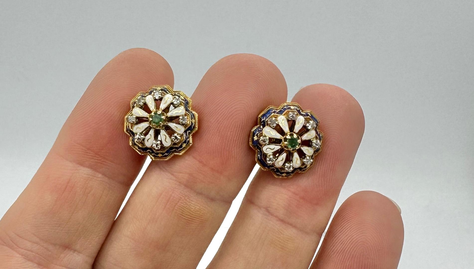 Victorian Earrings Emerald 16 Old Mine Cut Diamonds Blue Enamel 14 Karat Gold For Sale 3