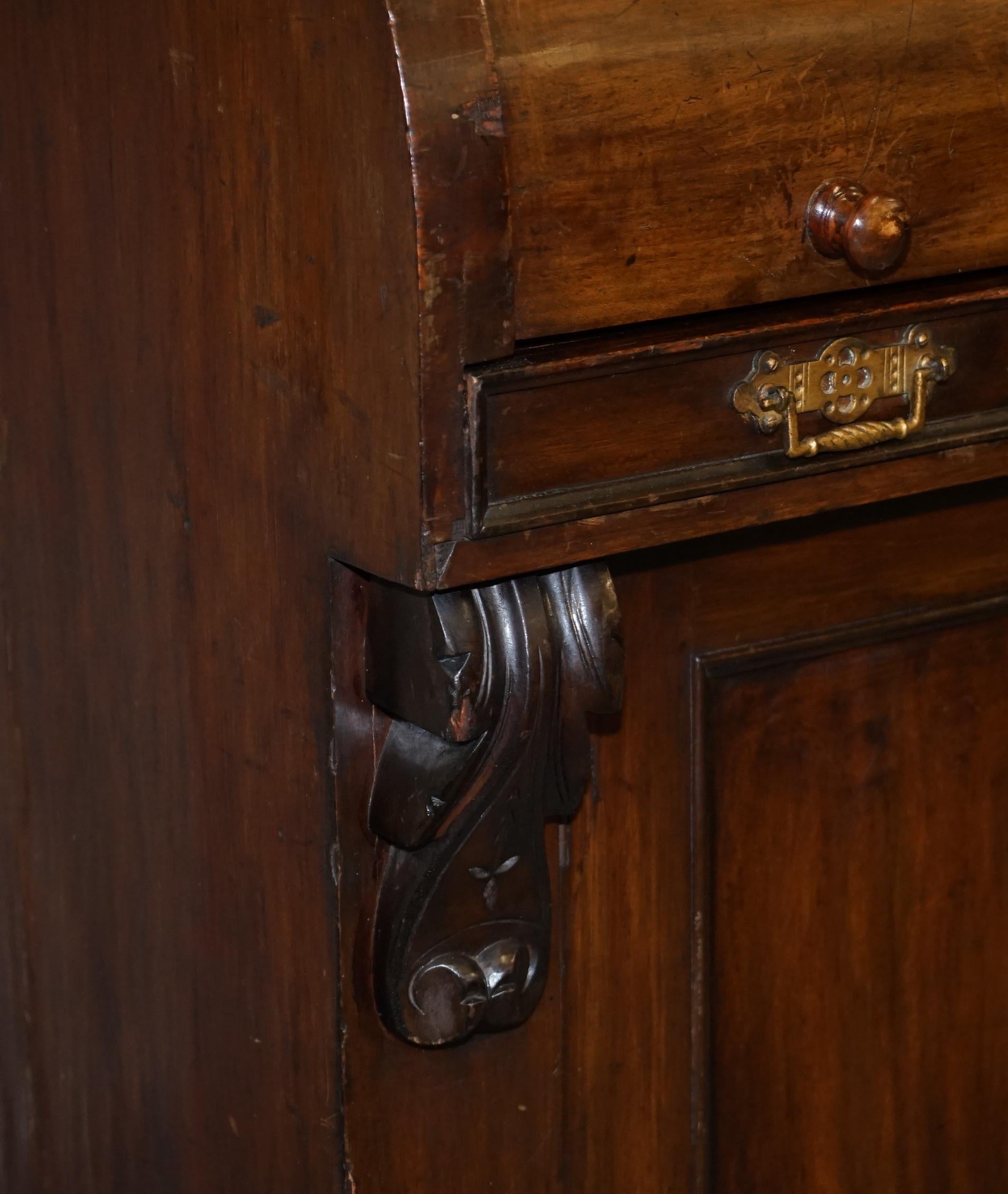 Victorian Eastlake 1870 Cylinder Roll Top Secretaire Desk Bookcase Glazed Doors 1