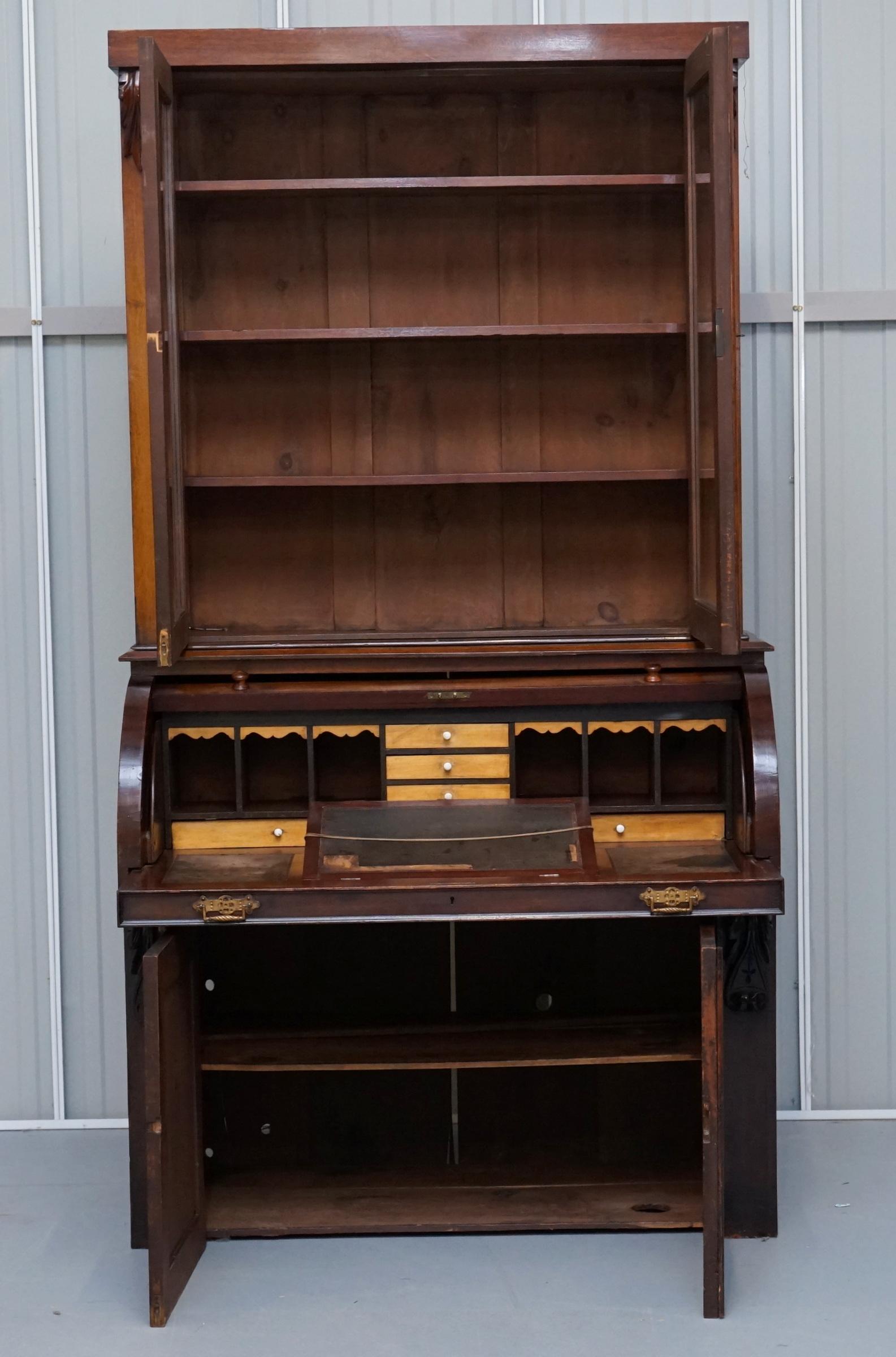 Victorian Eastlake 1870 Cylinder Roll Top Secretaire Desk Bookcase Glazed Doors 4