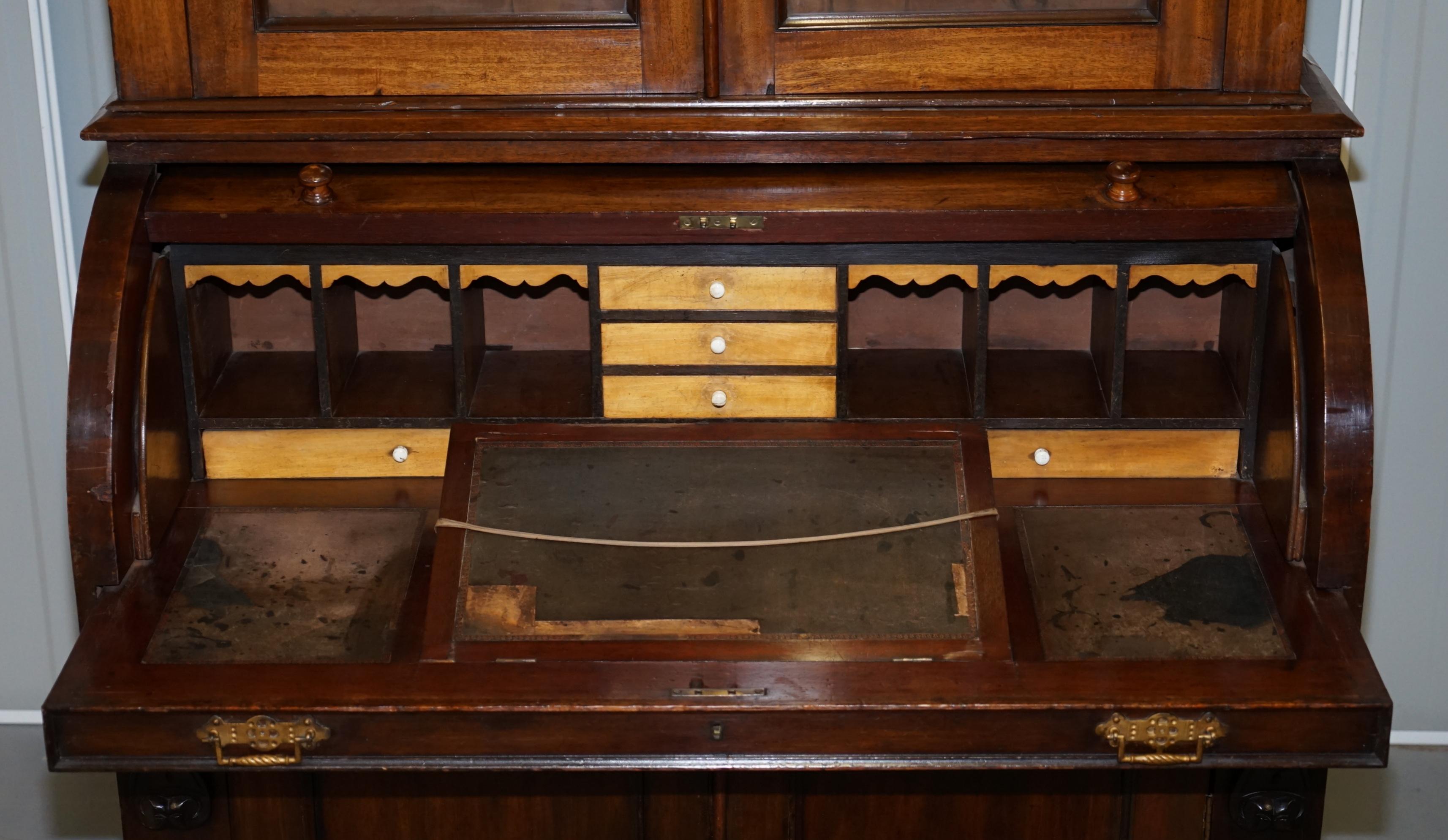 Victorian Eastlake 1870 Cylinder Roll Top Secretaire Desk Bookcase Glazed Doors 7