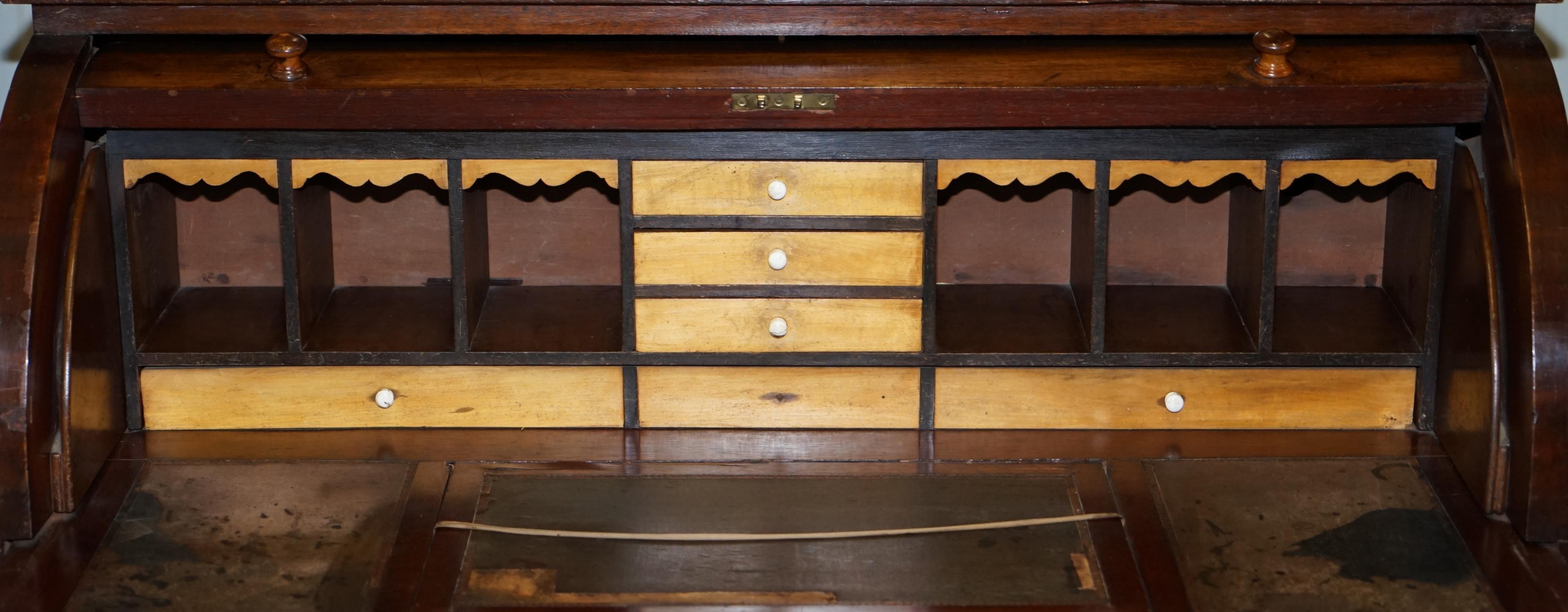 Victorian Eastlake 1870 Cylinder Roll Top Secretaire Desk Bookcase Glazed Doors 10