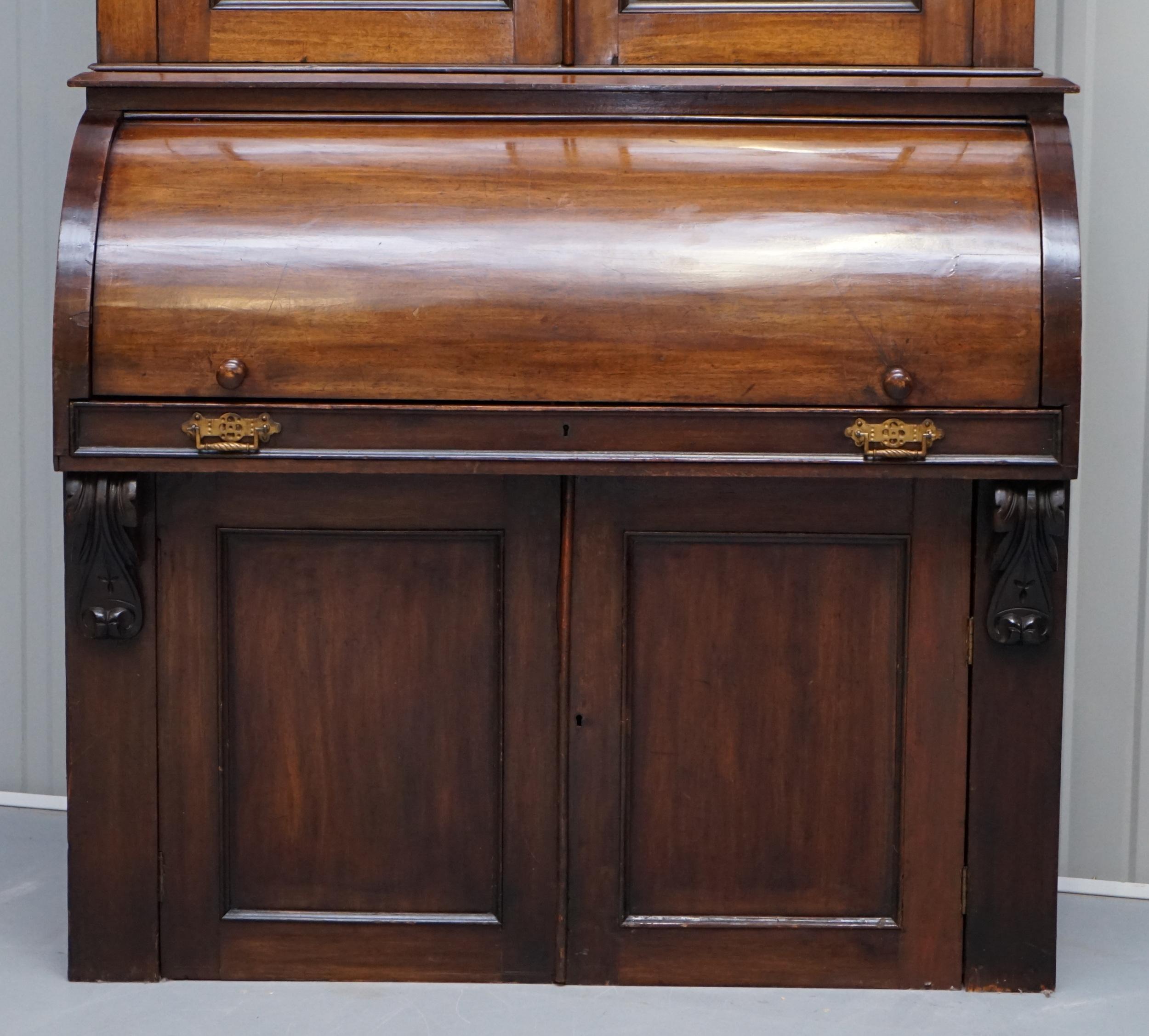 Hand-Crafted Victorian Eastlake 1870 Cylinder Roll Top Secretaire Desk Bookcase Glazed Doors