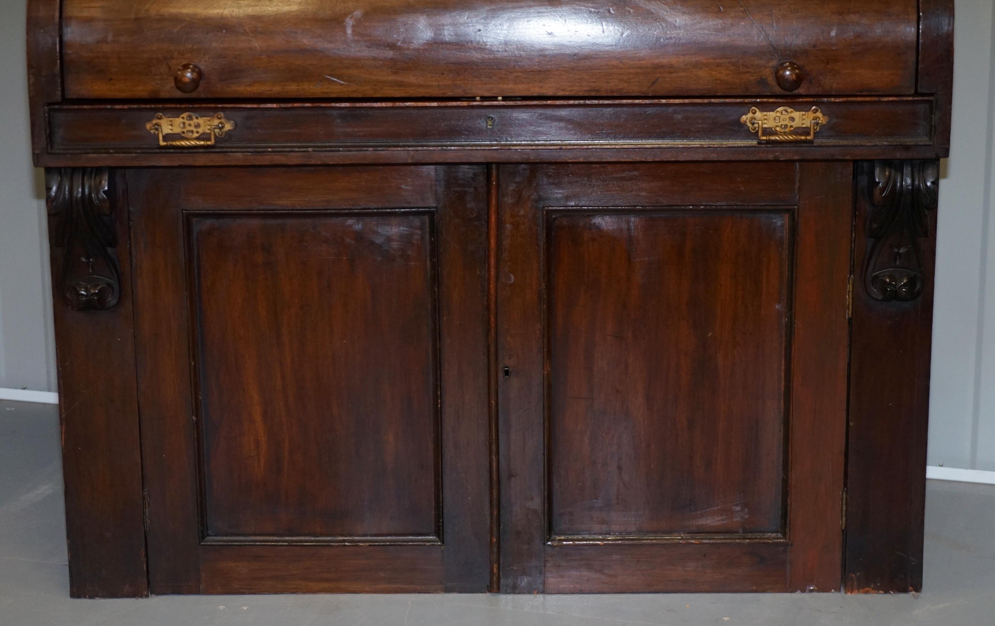 Mahogany Victorian Eastlake 1870 Cylinder Roll Top Secretaire Desk Bookcase Glazed Doors