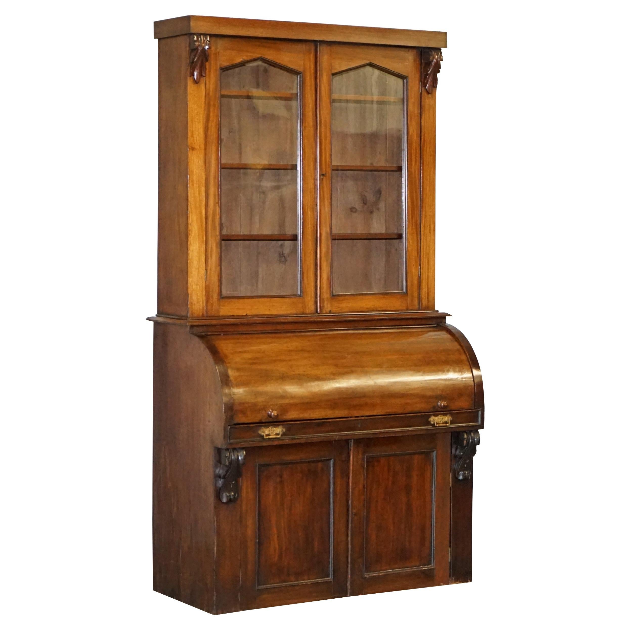 Victorian Eastlake 1870 Cylinder Roll Top Secretaire Desk Bookcase Glazed Doors