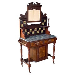 Meuble de toilette victorien Eastlake à dessus en marbre noir avec miroir et carreaux floraux