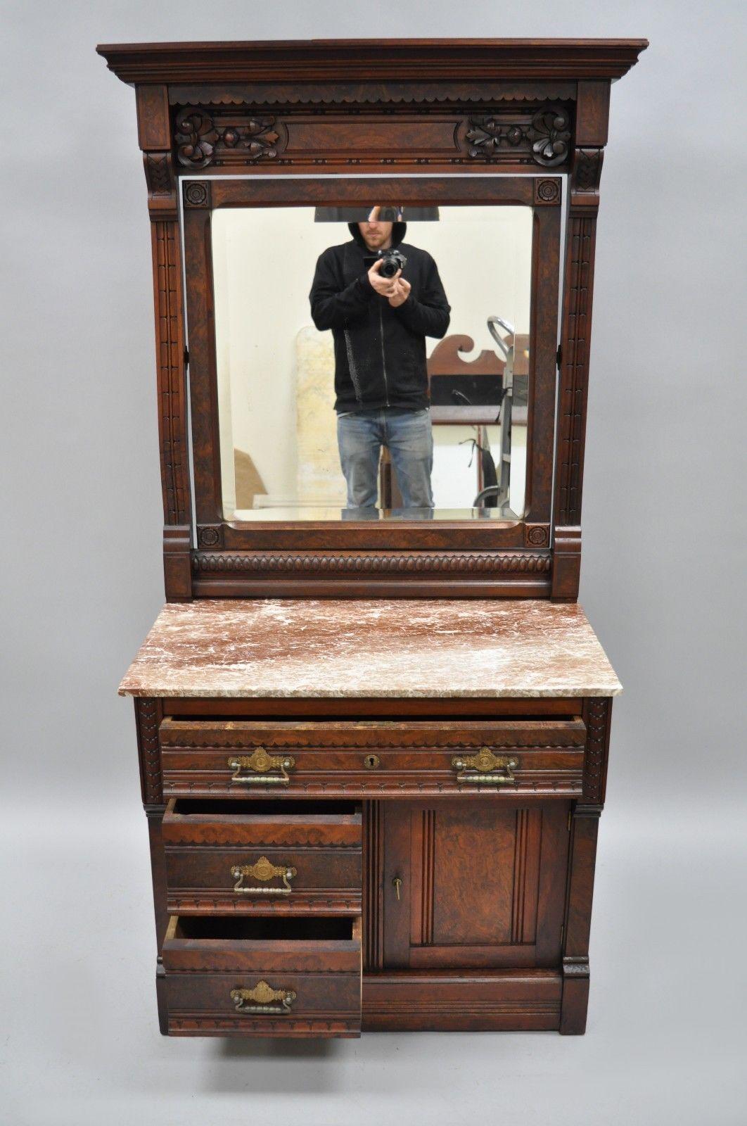 Victorian Eastlake Burl Walnut Marble-Top Wash Stand Dresser Chest with Mirror 2