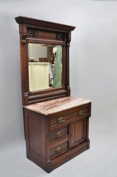 Victorian Eastlake Burl Walnut Marble-Top Wash Stand Dresser Chest with Mirror