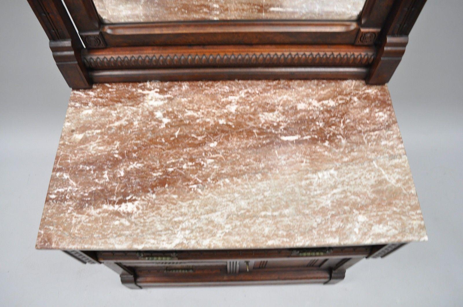 19th Century Victorian Eastlake Burl Walnut Marble-Top Wash Stand Dresser Chest with Mirror