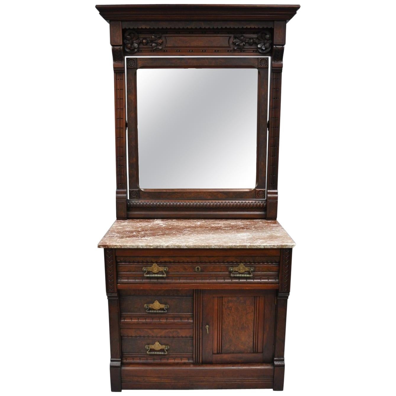 Victorian Eastlake Burl Walnut Marble-Top Wash Stand Dresser Chest with Mirror