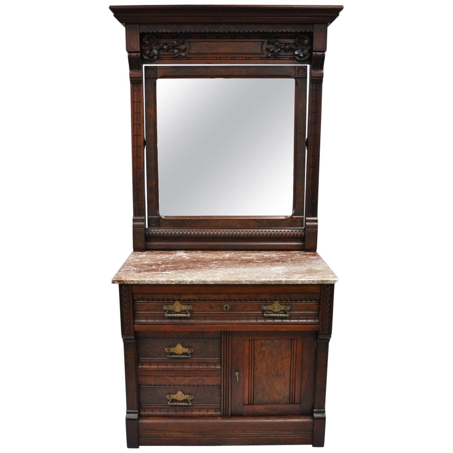 Victorian Eastlake Burl Walnut Marble Top Wash Stand Dresser Chest