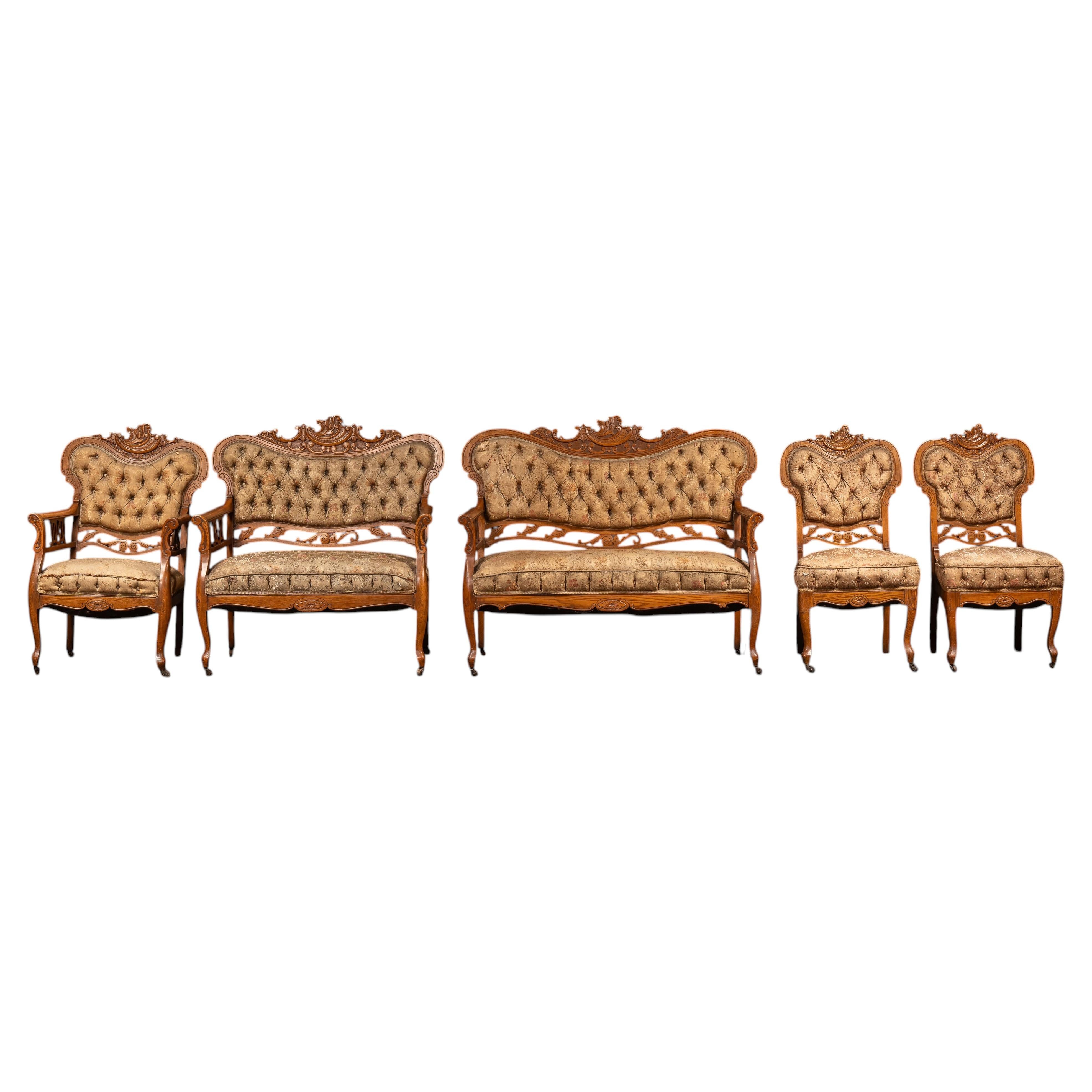 Viktorianische Eastlake Parlor Suite aus geschnitzter Eiche - 6-teiliges Set im Angebot