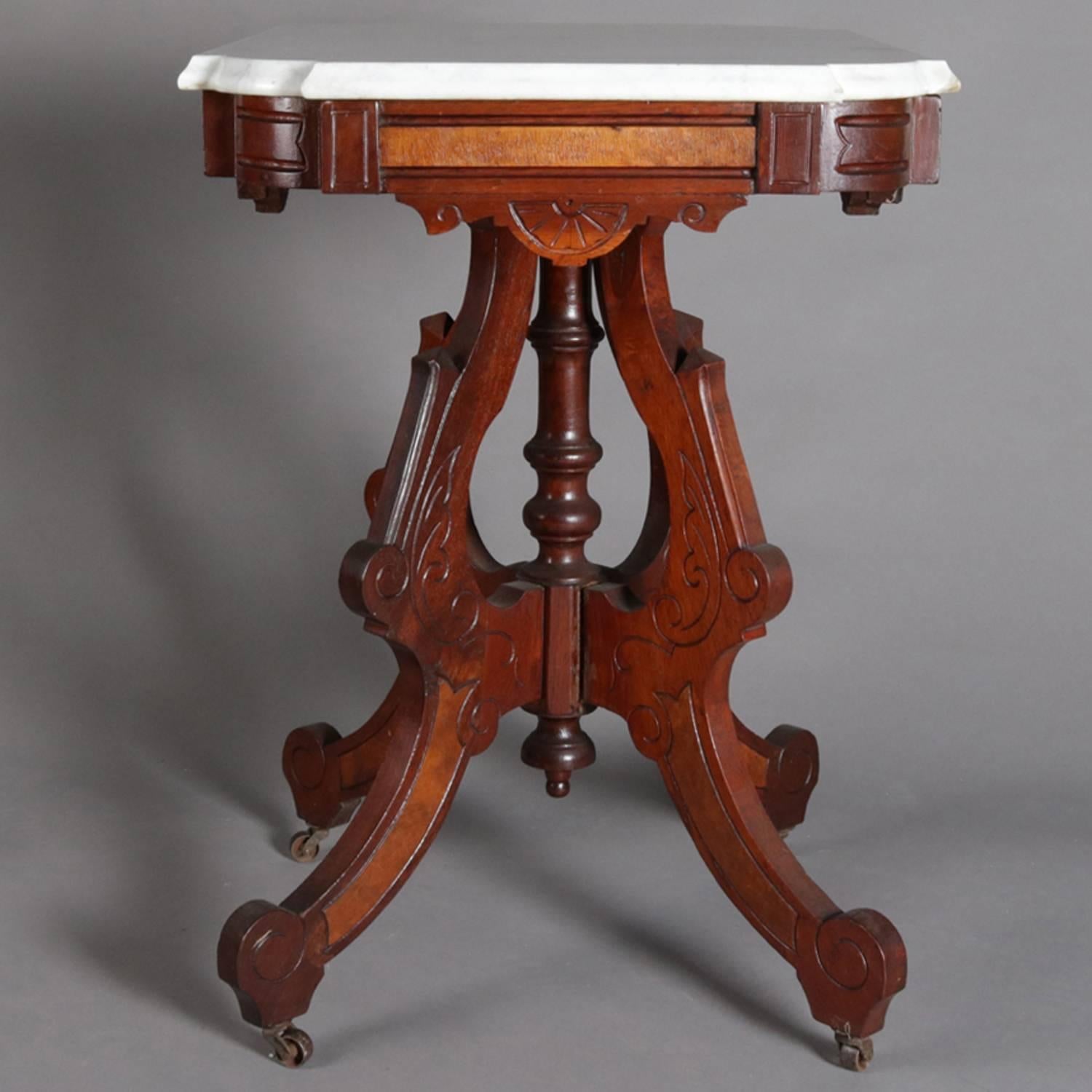 Victorian Eastlake Carved Walnut, Burl and Marble Side Table, 19th Century 6