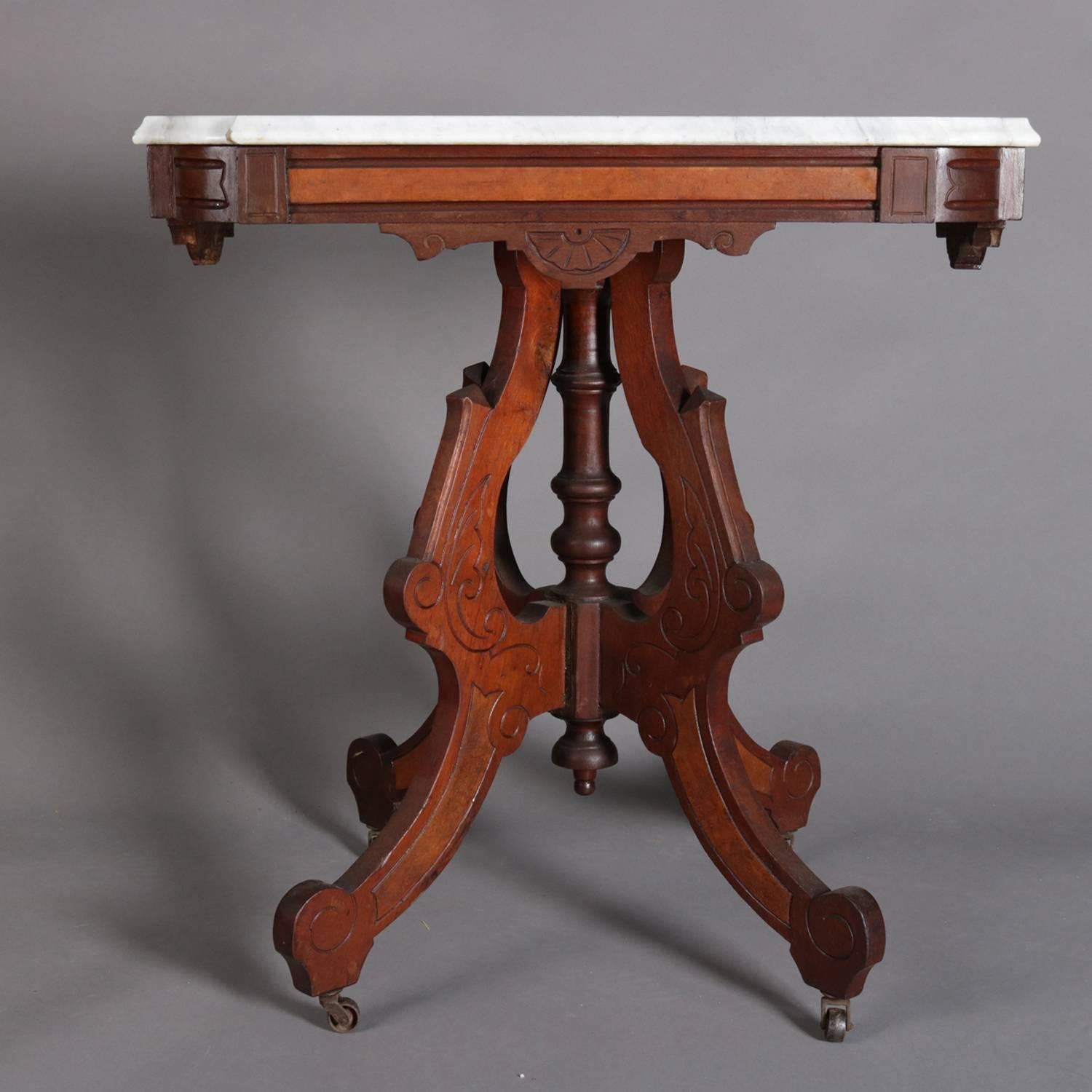 Victorian Eastlake Carved Walnut, Burl and Marble Side Table, 19th Century In Good Condition In Big Flats, NY