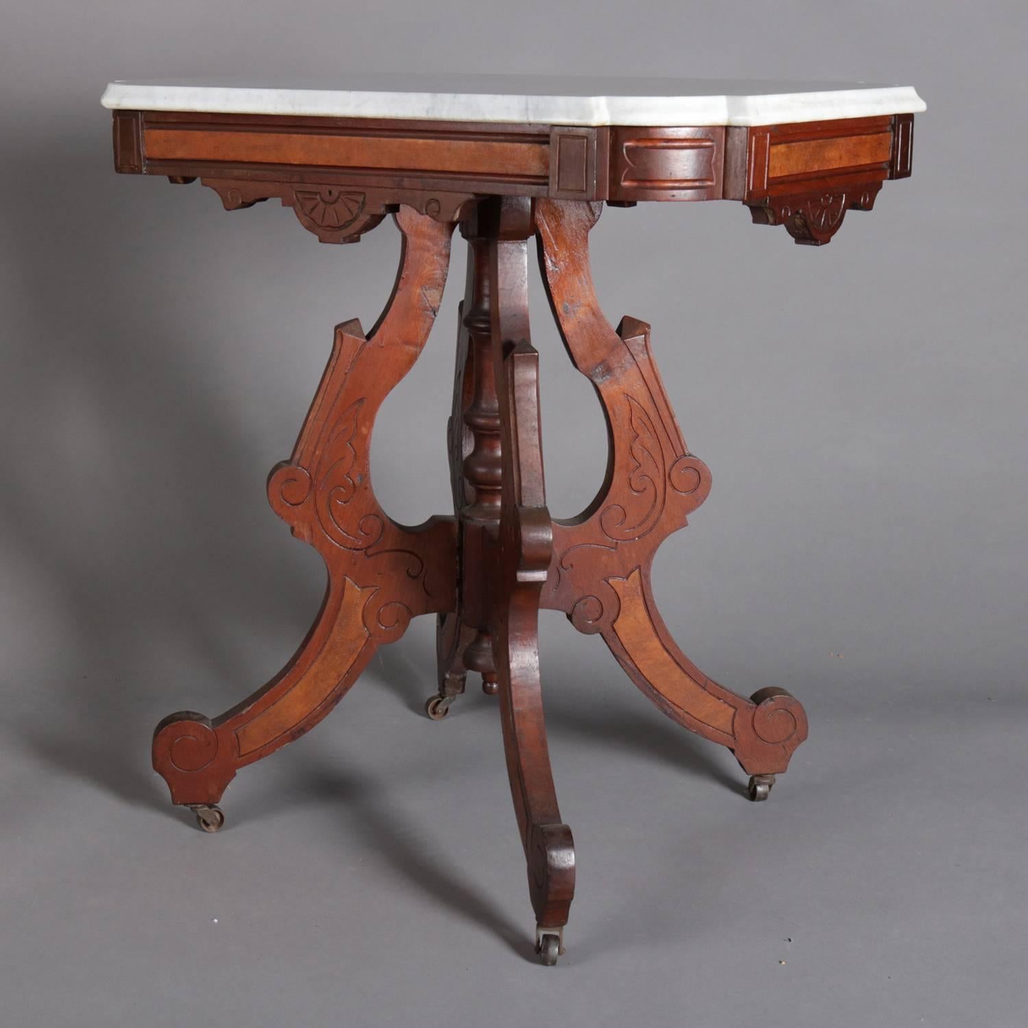 Victorian Eastlake Carved Walnut, Burl and Marble Side Table, 19th Century 2