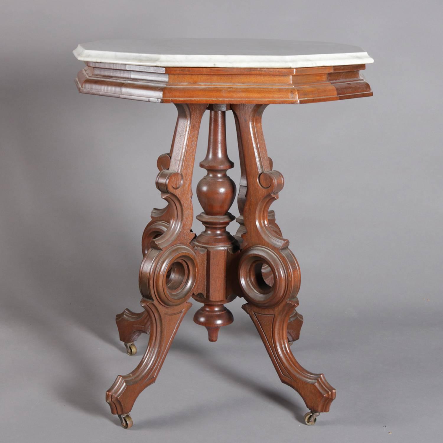 American Victorian Eastlake Carved Walnut and Marble Parlor Table, 19th Century