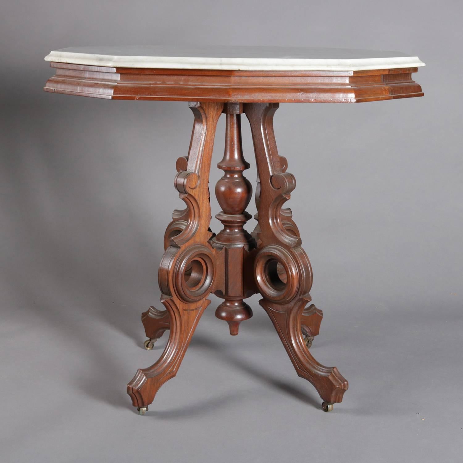 Victorian Eastlake Carved Walnut and Marble Parlor Table, 19th Century In Good Condition In Big Flats, NY
