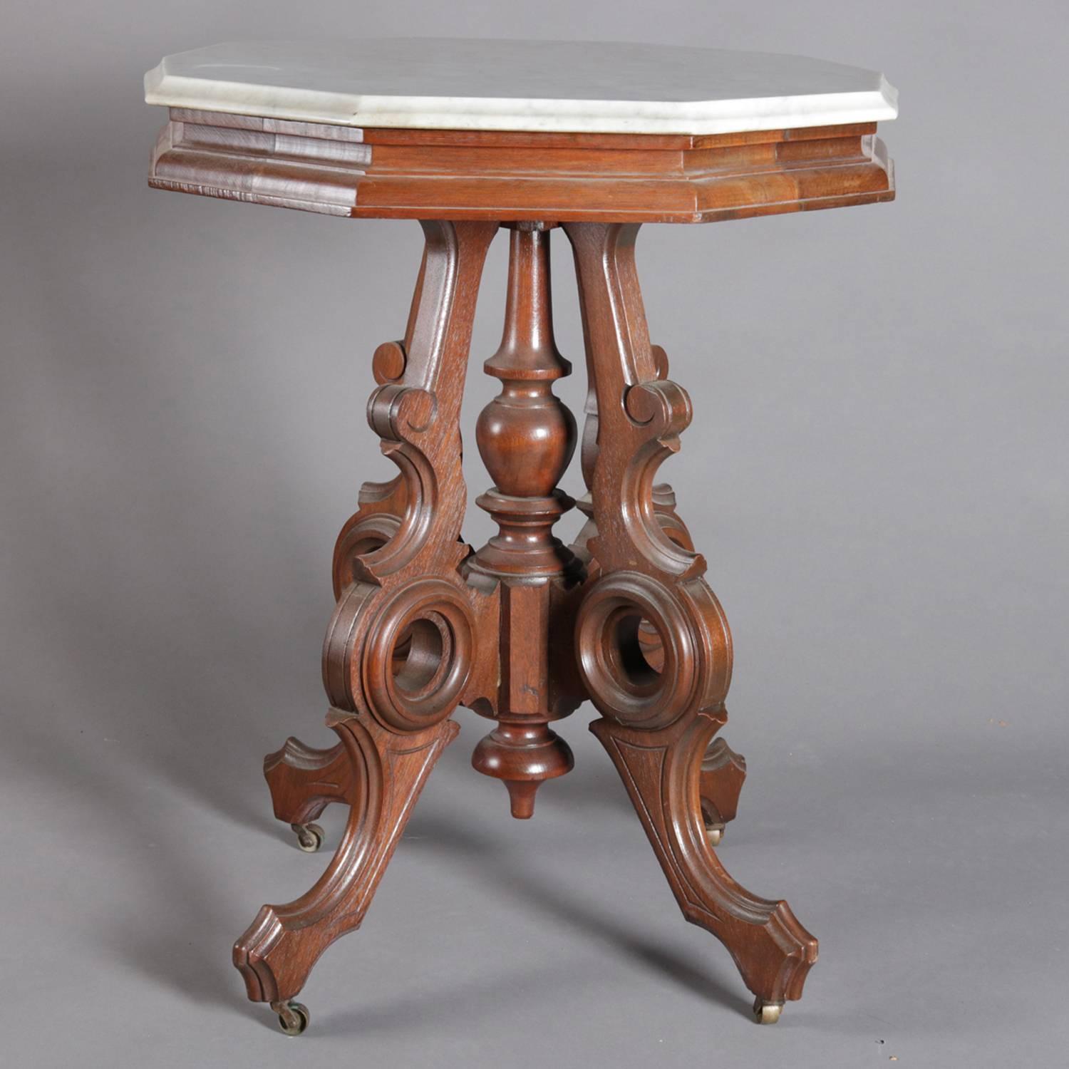 20th Century Victorian Eastlake Carved Walnut and Marble Parlor Table, 19th Century