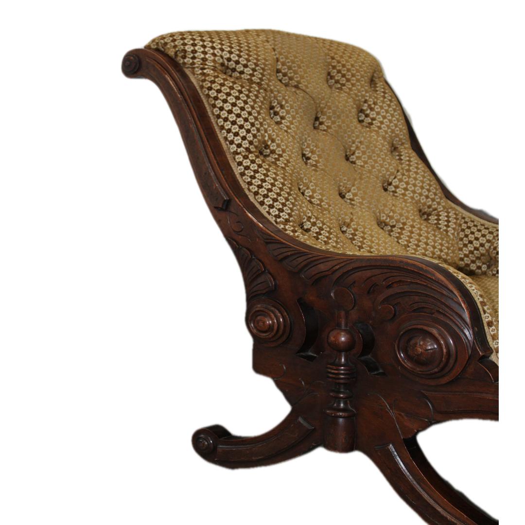 Victorian Eastlake Reclining Chair, Carved Wood & Upholstered In Good Condition In San Francisco, CA