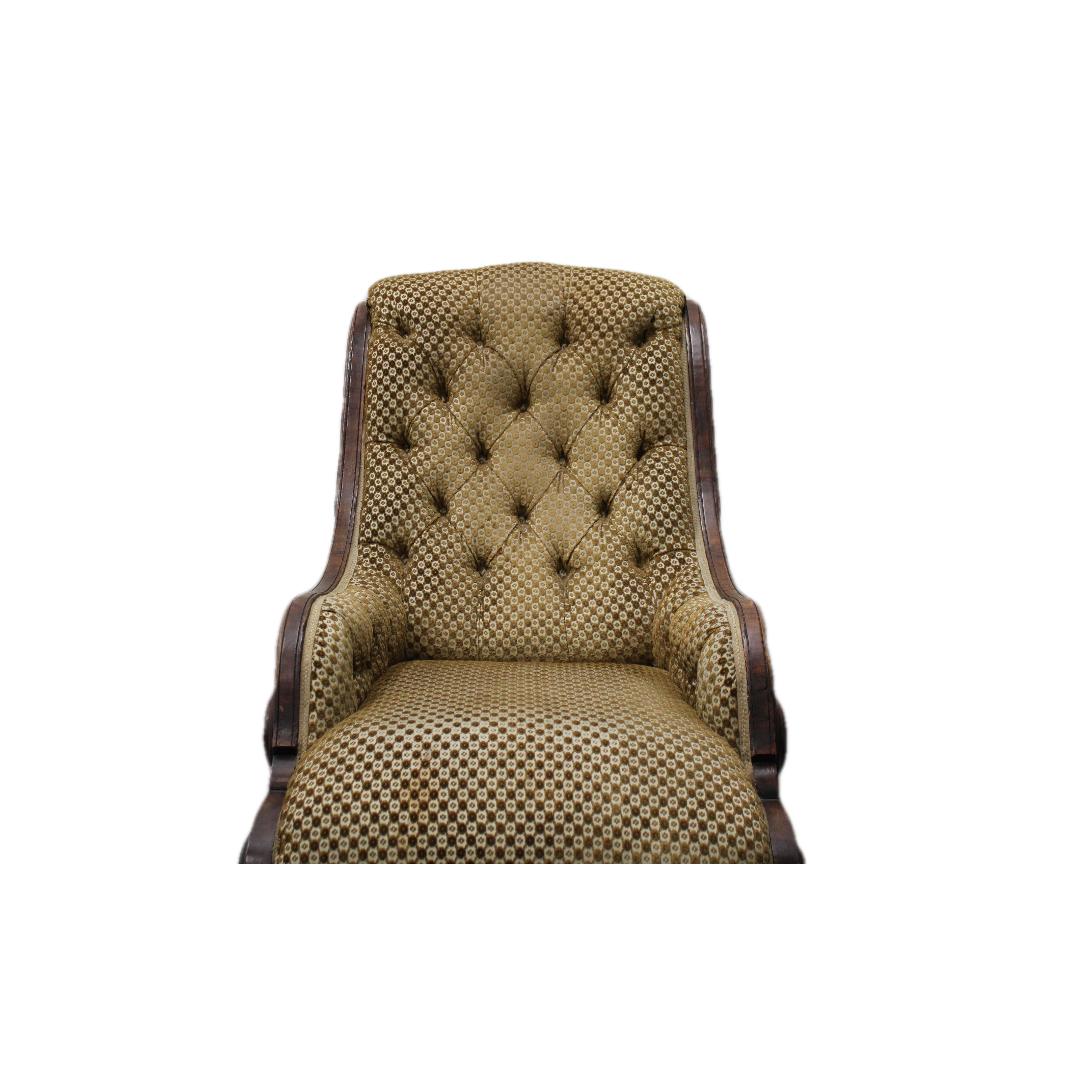 Upholstery Victorian Eastlake Reclining Chair, Carved Wood & Upholstered