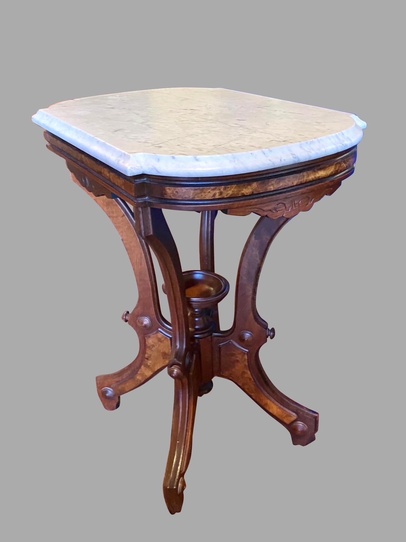 American Victorian Eastlake Style Marble Topped Walnut and Burl Walnut Side Table For Sale