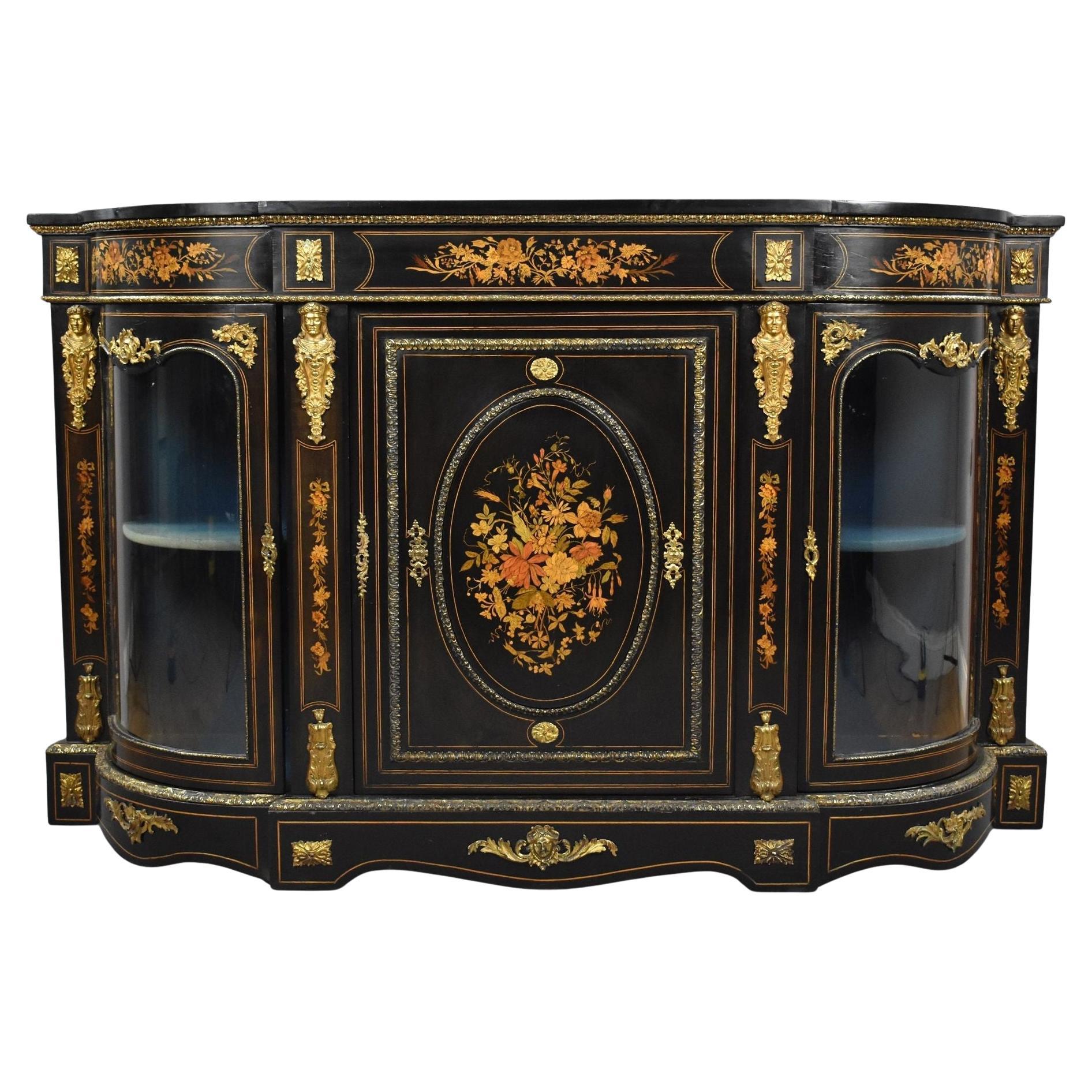 Victorian Ebonised and Marquetry Credenza For Sale