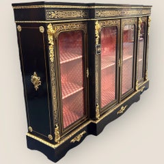 Antique Victorian Ebonised & Brass Inlaid Boulle Breakfront Credenza Sideboard