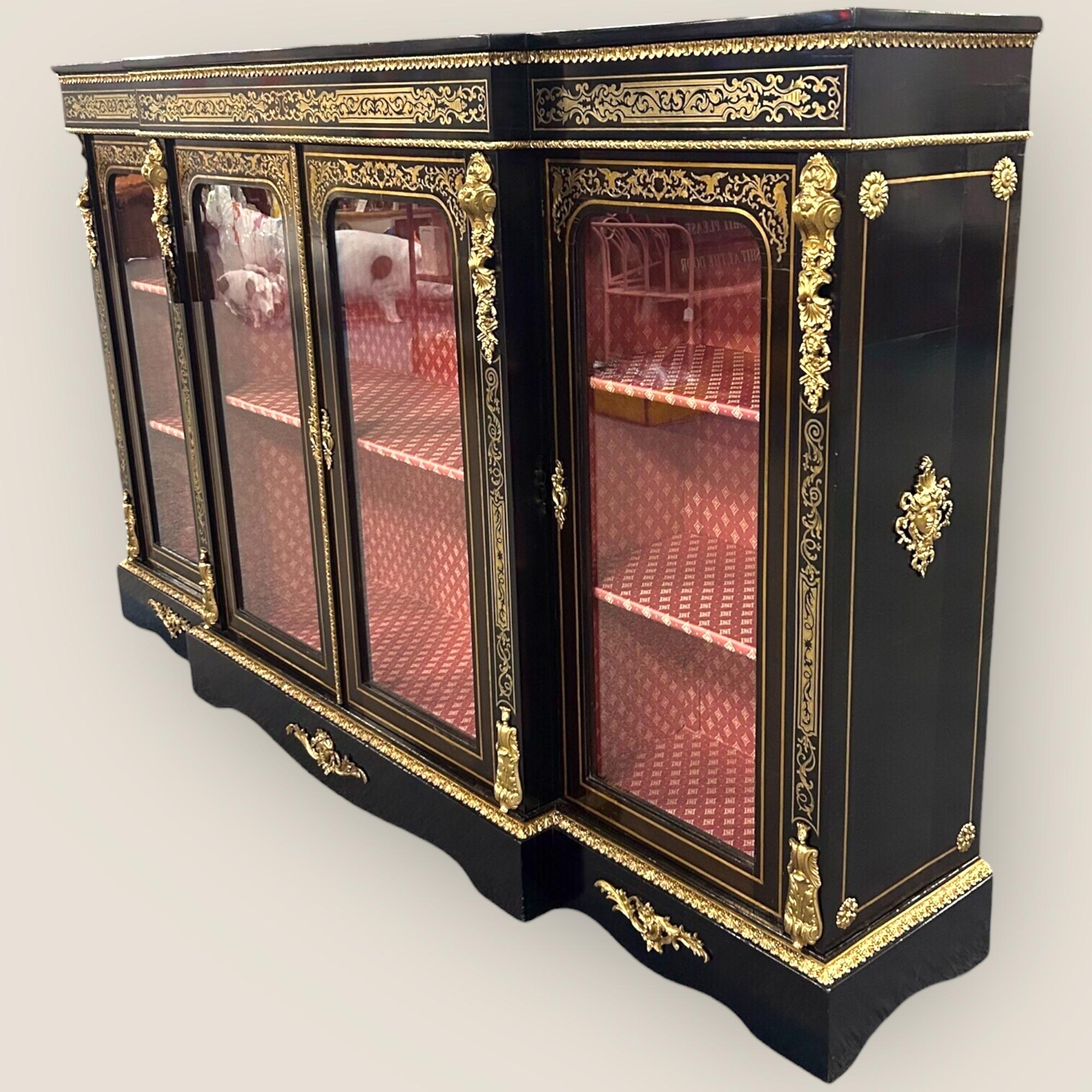 British Victorian Ebonised & Boulle Breakfront Credenza For Sale