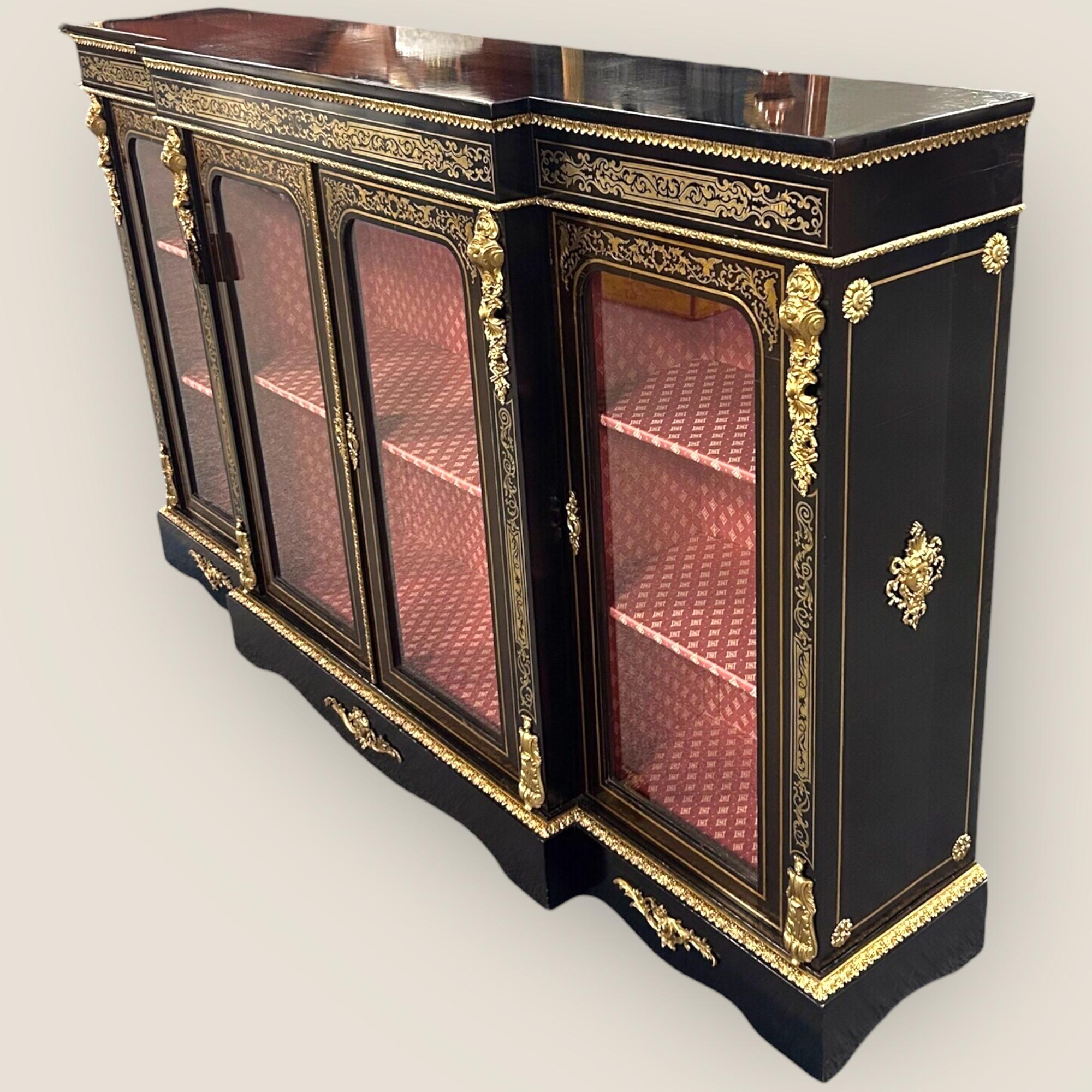 19th Century Victorian Ebonised & Boulle Breakfront Credenza For Sale