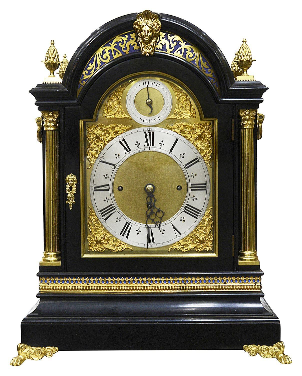 A very impressive Victorian period ebonised, chimming three train mantle clock on bells and gong. The eight day duration movement strikes on the hour and half hour. (strike silent option) The ebonised case having wonderful gilded ormolu mounts