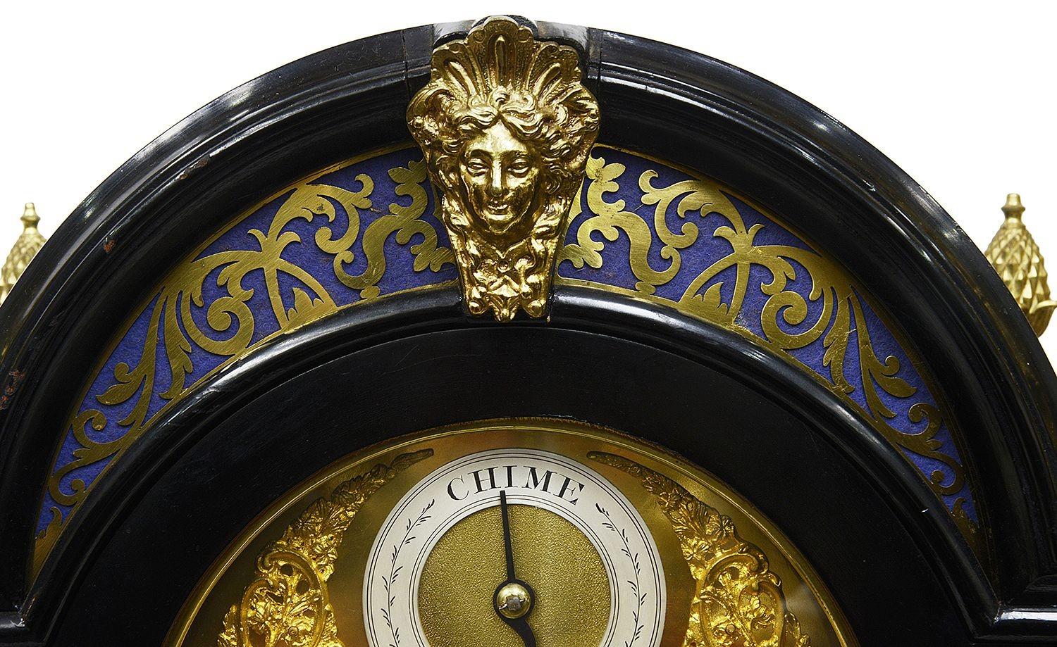 English Victorian ebonised chimming mantle clock For Sale