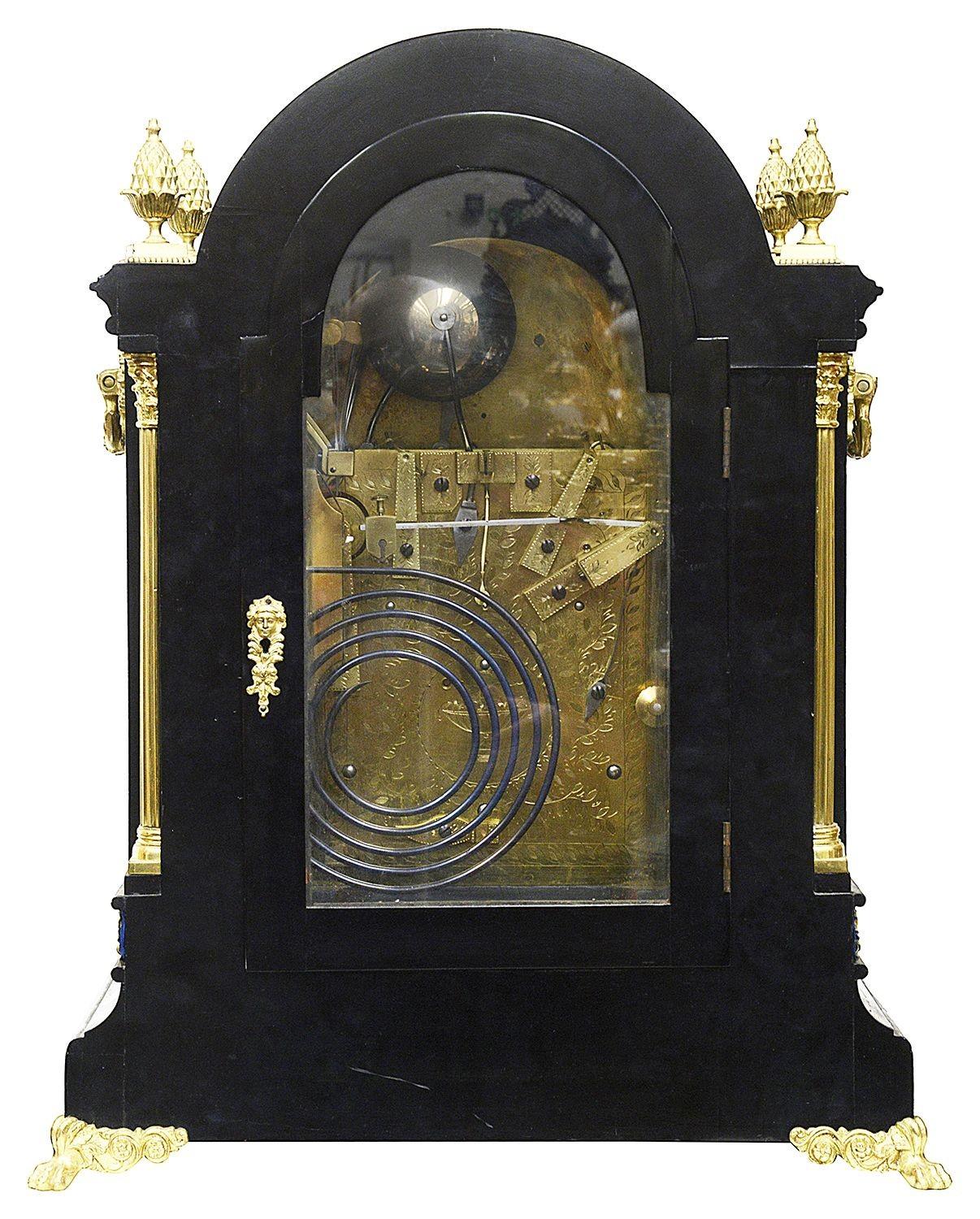Ormolu Victorian ebonised chimming mantle clock For Sale
