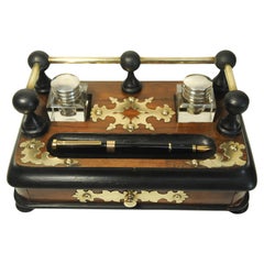 Victorian Ebonised Desk Set With Two Cut Glass Inkwells Decorated With Brass
