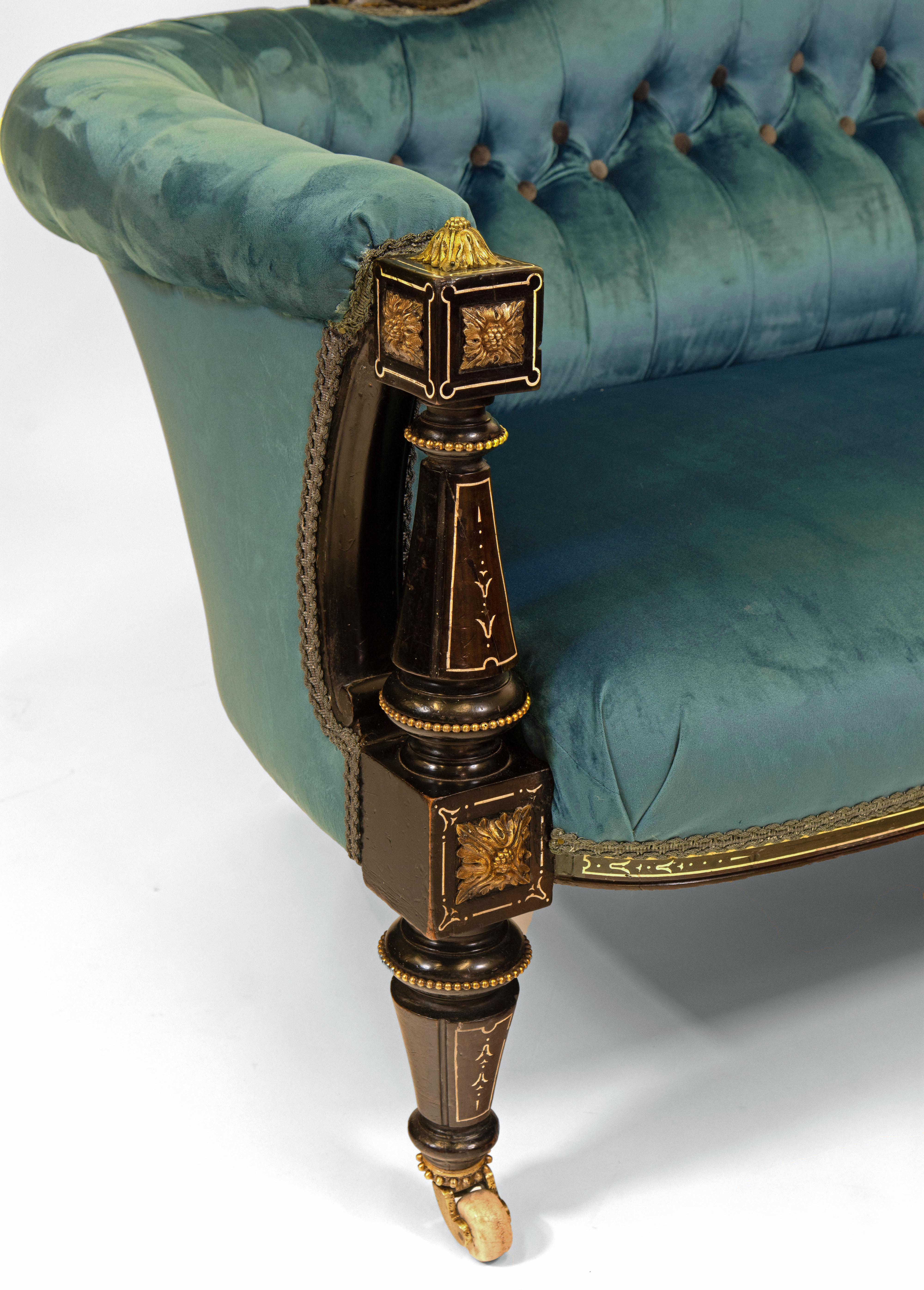 Victorian Ebonised & Gilt Bronze Mounted Velvet Button Backed Sofa Circa 1860 3