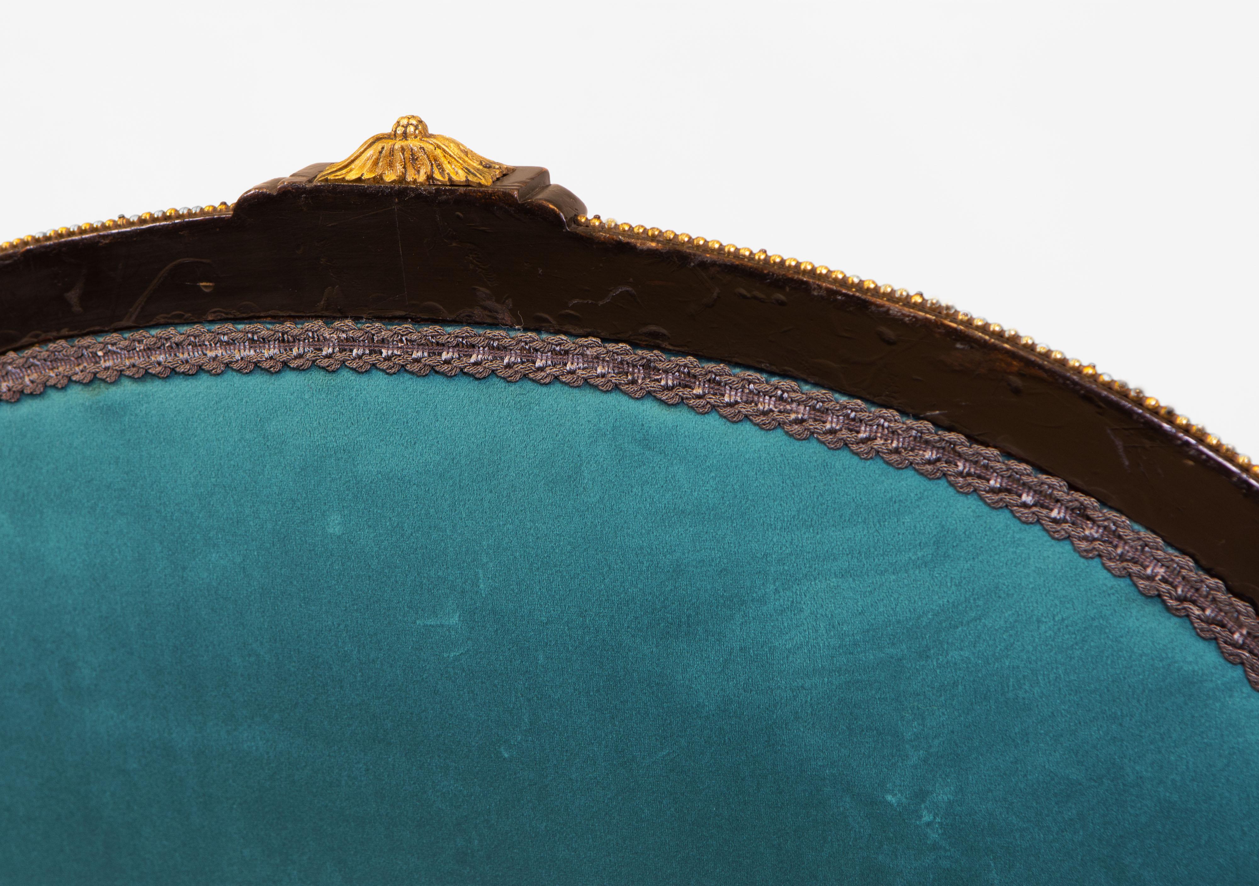 Victorian Ebonised & Gilt Bronze Mounted Velvet Button Backed Sofa Circa 1860 5