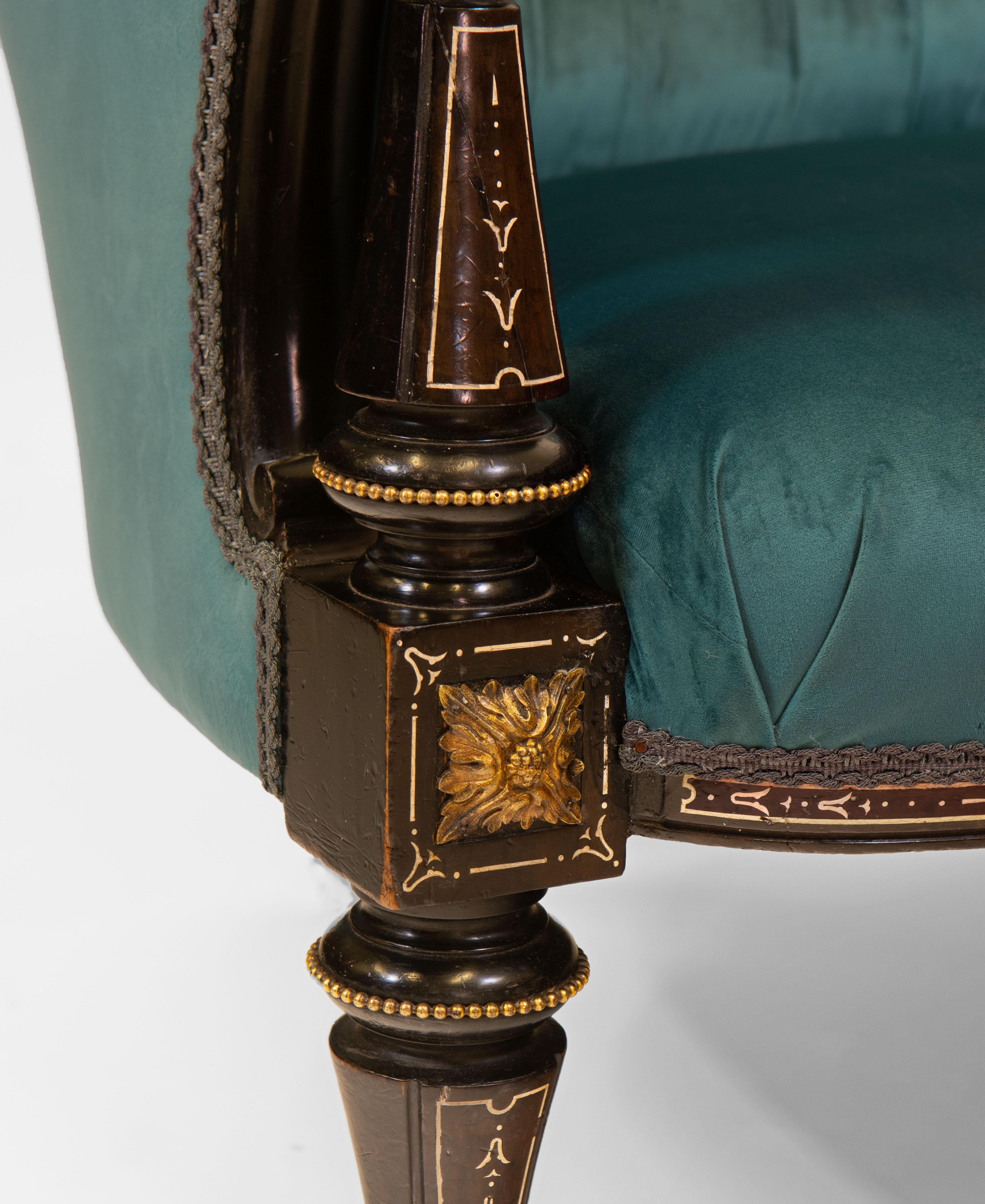 Victorian Ebonised & Gilt Bronze Mounted Velvet Button Backed Sofa Circa 1860 6