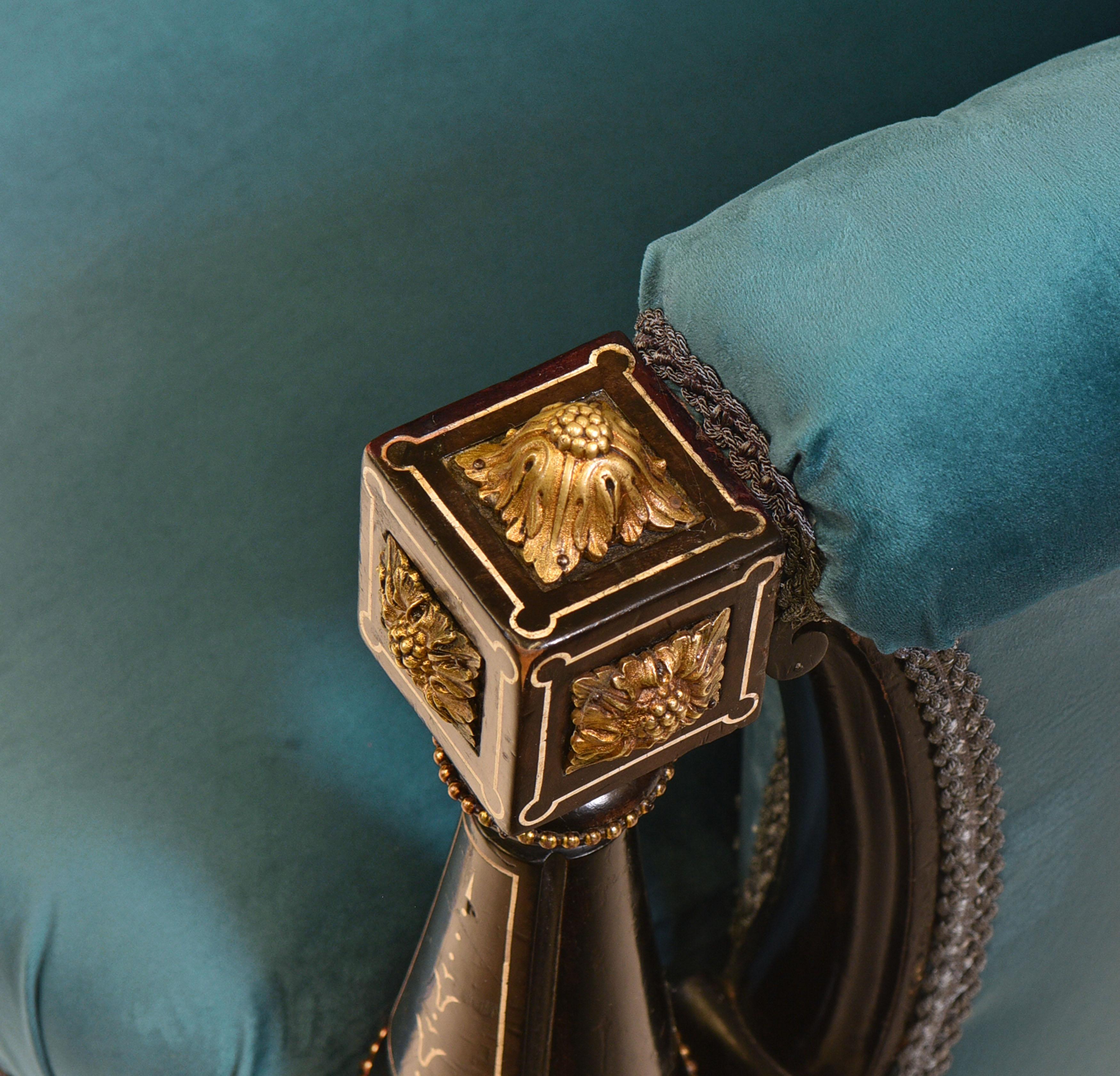 Victorian Ebonised & Gilt Bronze Mounted Velvet Button Backed Sofa Circa 1860 7