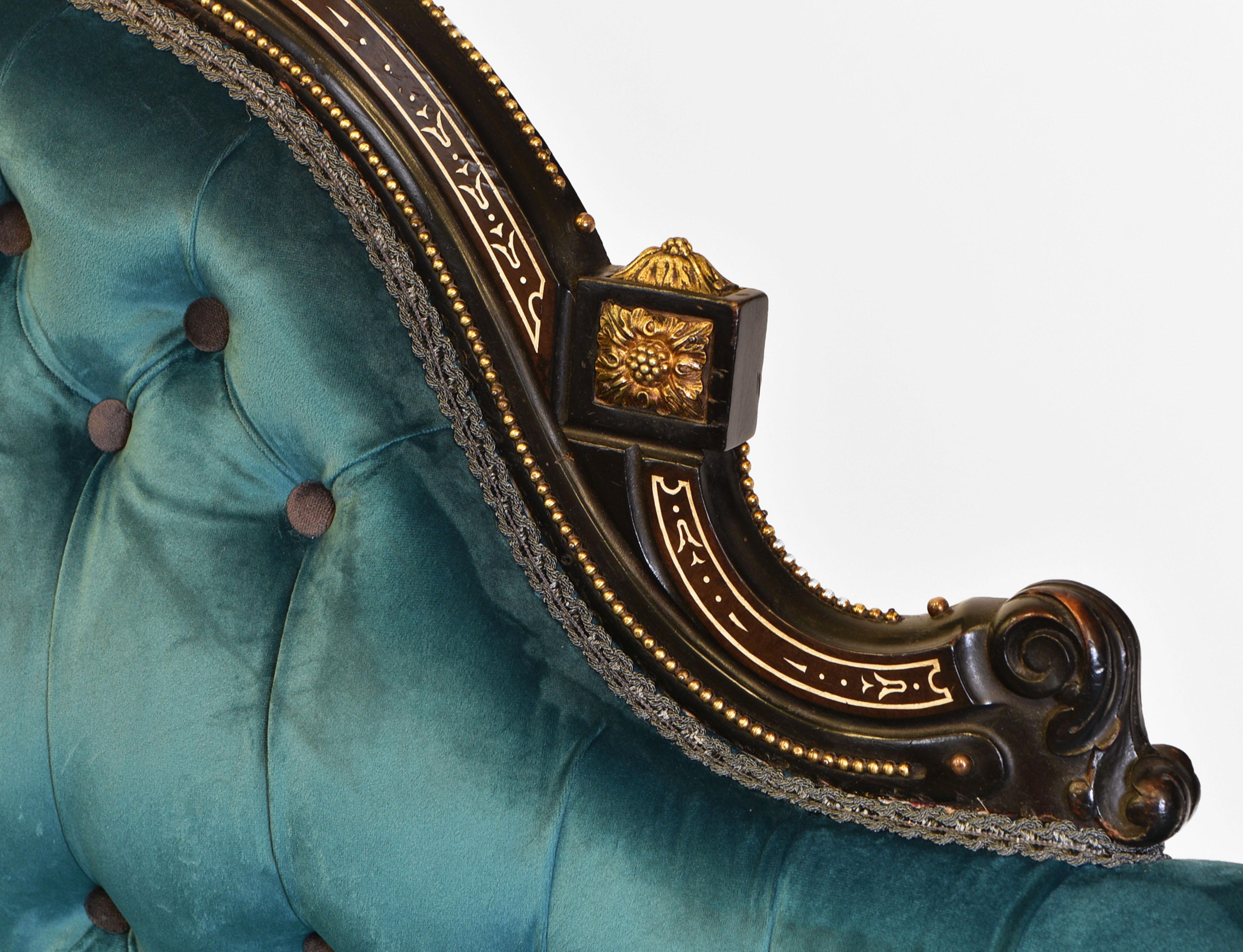 English Victorian Ebonised & Gilt Bronze Mounted Velvet Button Backed Sofa Circa 1860