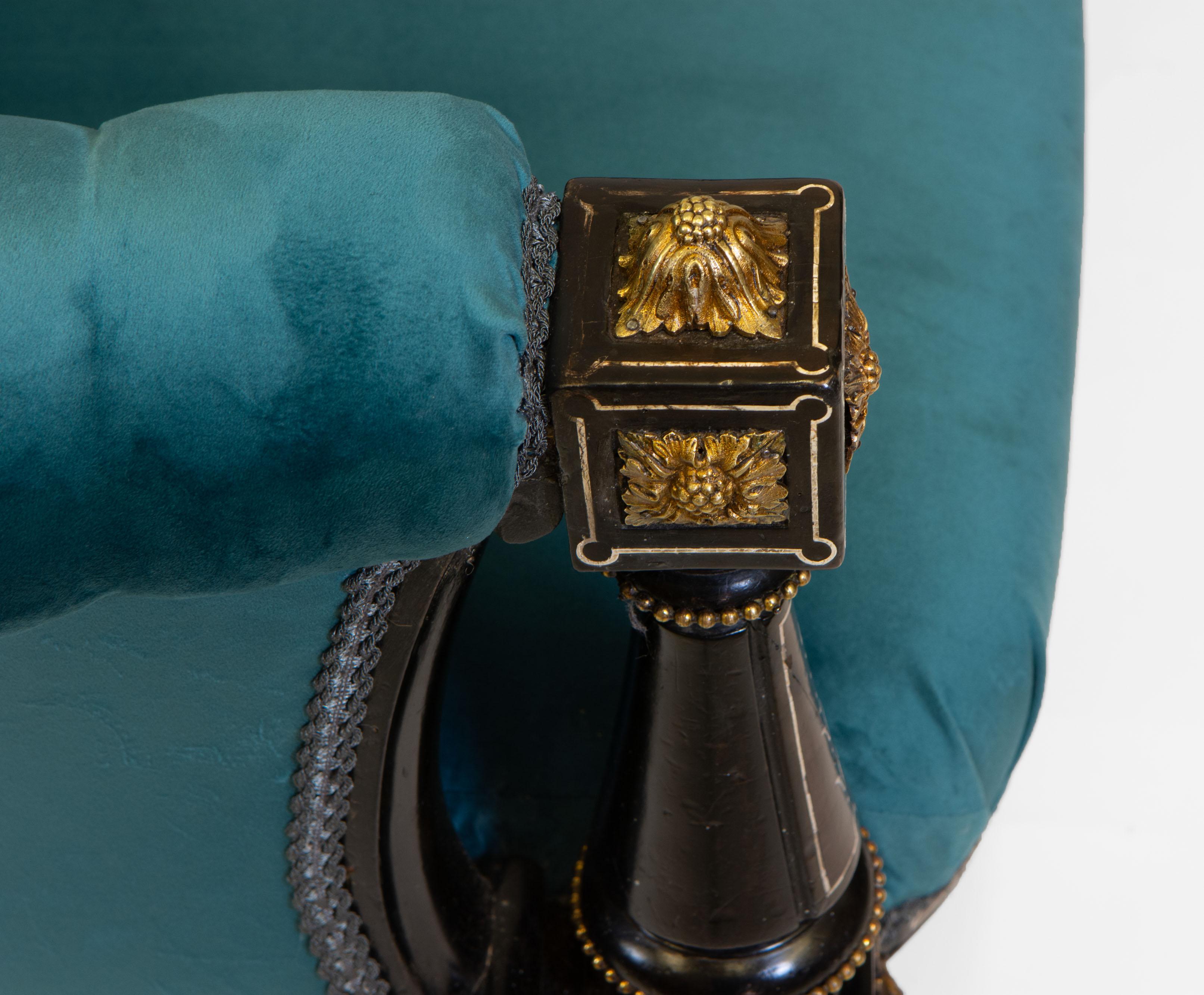 Ebonized Victorian Ebonised & Gilt Bronze Mounted Velvet Button Backed Sofa Circa 1860
